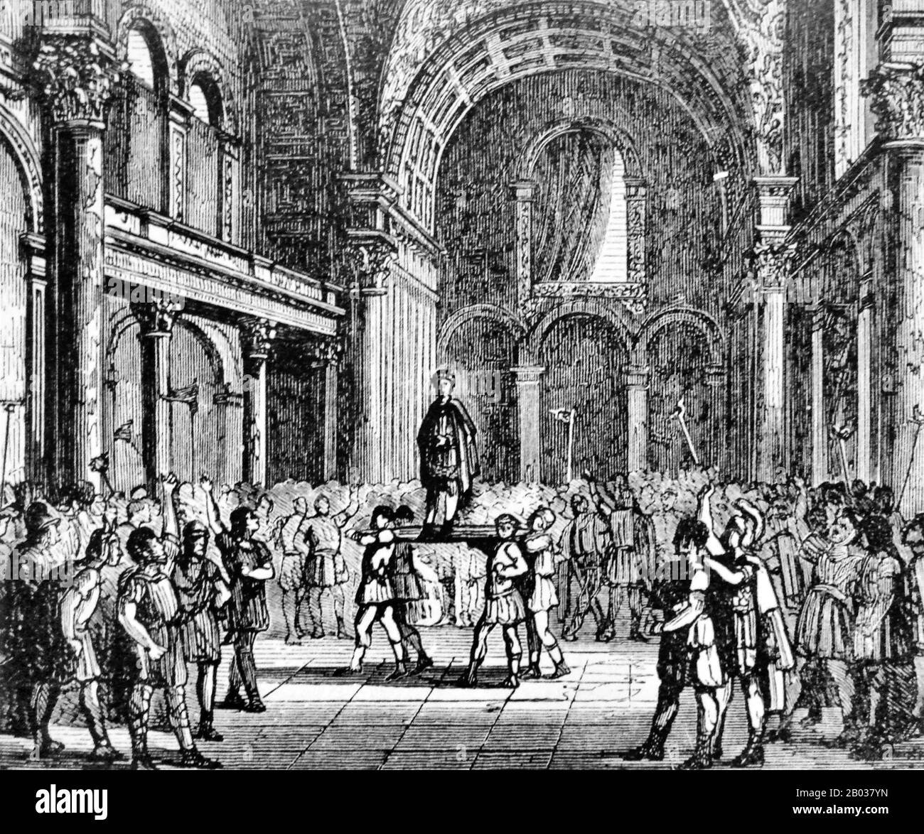 Julian (331-363), auch Julian der Apostate genannt, war Mitglied der konstantinischen Dynastie und Vetter von Kaiser Constantius II Kaiser Constantius II. Ließ ihn 355 v. Chr. zum Kaiser der westlichen Provinzen ernten, während er mit dem Kampf gegen das Sassanidenreich im Osten beschäftigt war und Julian gegen die Alamannen und Franken anvertraute. Julian wurde 360 CE von seinen Soldaten zum Kaiser ausgerufen, und Constantius II. Starb 361 CE, als er marschierte, um sich ihm zu stellen. Constantius behauptete Julian jedoch als seinen rechtmäßigen Nachfolger auf seinem Sterbebett. Im Gegensatz zu seinen letzten Vorgängern war Julian kein Christ oder besaß kein C Stockfoto