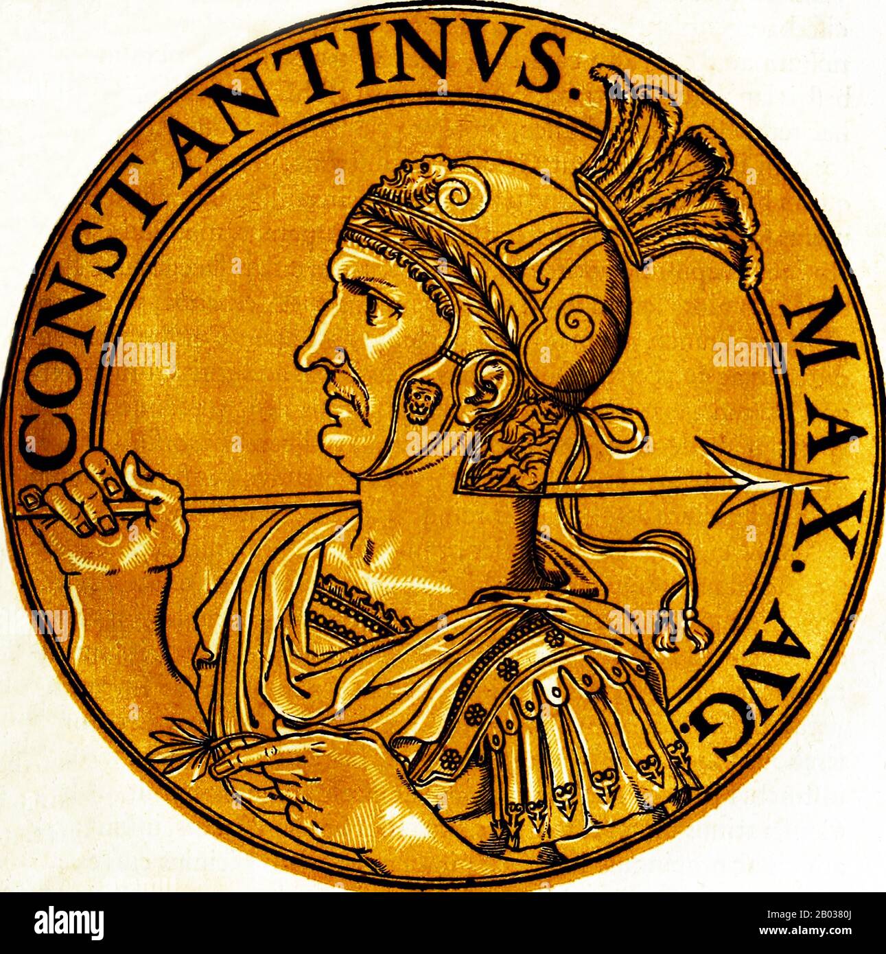 Konstantin I. (272-337), auch Konstantin der Große und der heilige Konstantin genannt, war der Sohn des Kaiser Constantius. Sein Vater schickte ihn nach Osten, um unter den Kaisern Diokletian und Galerius zu dienen und verbrachte einige Zeit am Hof des letzteren. Nachdem sein Vater 306 CE gestorben war, wurde Konstantin von seiner Armee in Eboracum (York) zu seinem Nachfolger und Kaiser ausgerufen. Er blieb zunächst in den Bemühungen Kaiser Galerius, den Usurpator Maxentius zu besiegen, offiziell neutral, doch nach Galerius Tod wurde Konstantin in den Konflikt hineingezogen. Schließlich besiegte er Maxentius im Jahr 312 CE und kämpfte dann gegen ag Stockfoto