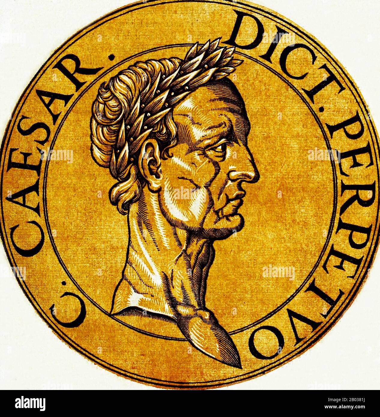 Der gebürtige Gaius Julius Cäsar (100-44 v. u. z.) war eine der berüchtigtesten Persönlichkeiten der Geschichte. Als römischer Politiker, General und Autor spielte er eine entscheidende Rolle beim Untergang der römischen Republik und ebnete den Weg für den Aufstieg des römischen Imperiums. Seine politische Allianz neben Crassus und Pompey, die sich erstmals in 60 v. Chr. formierte, würde die römische Politik viele Jahre dominieren. Seine Siege in den Gallischen Kriegen dehnten die Gebiete der Republik bis zum Ärmelkanal und zum Rhein aus, und er wurde der erste römische General, der eine Brücke über den Rhein baute sowie die Invasion einleitete o Stockfoto