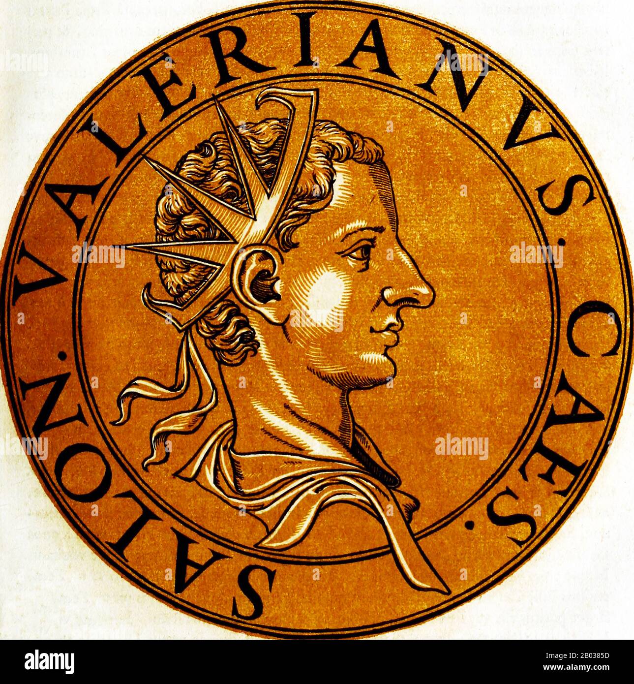 Saloninus (242-260) war der Sohn des Kaiser Gallienus. 258 wurde er zum Cäsar ernannt und nach Gallien geschickt, um die Autorität seines Vaters durchzusetzen, wo er unter den Schutz des Prätorianerpräfekten Silvanus gestellt wurde. Sein Stammsitz in Gaul war Köln. Im Jahr 260 ordnete Saloninus an, General Postumus die gesamte Kriegsbeute zu übergeben, die seine Truppen im Kampf beschlagnahmt hatten, und forderte, sie stattdessen auf sein gut zu schicken. Postumus Truppen nahmen Ausnahme und erhoben sich gegen das Römische Reich, erklärten Postumus zu ihrem Kaiser, töteten sowohl Saloninus als auch Silvanus und setzten das sogenannte Gallische Reich ein. Stockfoto