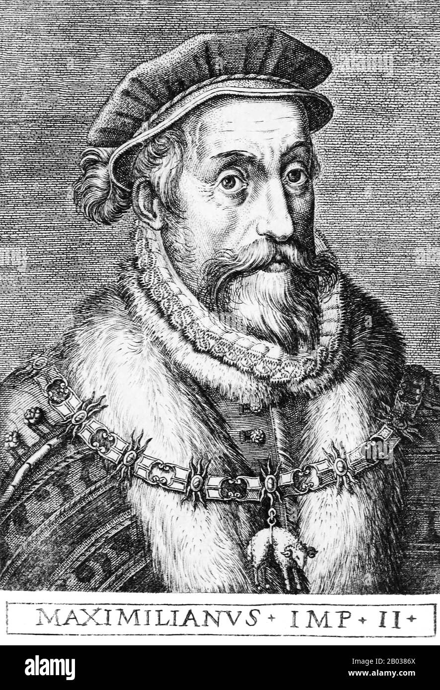 Maximilian II. (1527-1576) war der Sohn von Kaiser Ferdinand I., Den Er während der italienischen Kriege 1544 sowie des Schmalkadischen Krieges verbüßte. Sein Onkel, Kaiser Karl V., ließ ihn 1548 seine Cousine und Karlstochter Maria von Spanien heiraten, und Maximilian agierte vorübergehend als Vertreter des Kaiser in Spanien. In Fragen der Nachfolge kam es bald zu Problemen zwischen den deutschen und spanischen Zweigen der Habsburgerdynastie, und es wurde vermutet, dass Maximilian 1552 von denen in der Liga mit seinem Vetter und seinem Schwiegersohn Philipp II. Vergiftet wurde Die Beziehung zwischen Maximilian und seinem Vetter Stockfoto