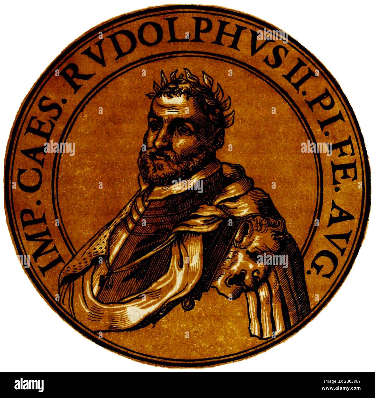 Rudolf II. (1552-1612) war der älteste Sohn und Nachfolger von Kaiser Maximilian II. Und verbrachte acht prägende Jahre am spanischen Hof seines Onkels mütterlicherseits Philipp II., wobei er eine steife und distanzierte Art und Weise annimmt, die für den konservativeren spanischen Adel typisch ist. Er blieb für den Rest seines Lebens zurückhaltend und verschwiegen, neigte weniger zu den täglichen Angelegenheiten des Staates und interessierte sich mehr für okkulte Studien wie Alchemie und Astrologie. Rudolf wurde 1572 König von Ungarn und Kroatien und hatte zum Zeitpunkt des Todes seines Vaters 1576 auch die böhmischen, deutschen und heiligen römischen Kronen geerbt. Rudolf verwinkelte h Stockfoto