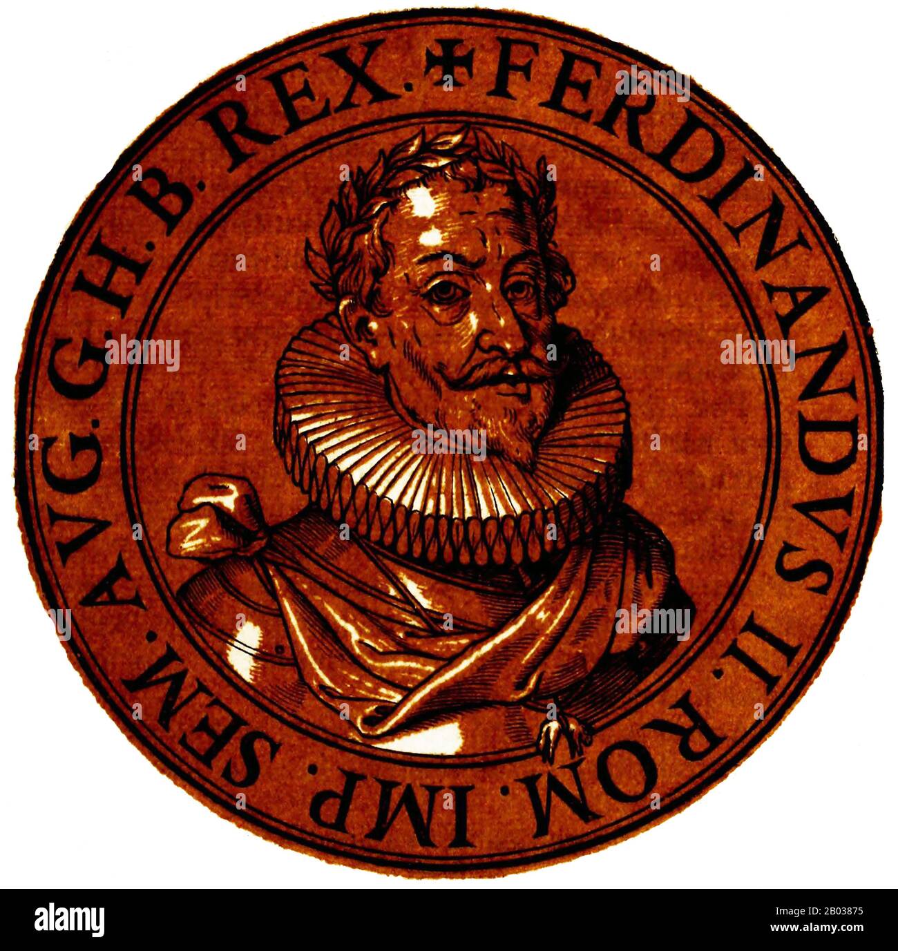 Ferdinand II. (1578-1637) war der Sohn von Karl II., Erzherzog von Österreich, und Enkel von Kaiser Ferdinand I. Ferdinand war Teil einer katholischen Fraktion, die sich gegen seinen Vetter Kaiser Matthias richtete, der dem Protestantismus gegenüber toleranter war. Er wurde 1617 König von Böhmen, 1618 König von Ungarn und stieg 1619 nach dem Tod seines Vetters zum Heiligen römischen Kaiser auf. Ferdinand war ein eifriger Katholik und arbeitete sofort daran, den Katholizität als einzige Religion im Heiligen römischen Reich wiederherzustellen, indem er den Protestantismus, wo immer er konnte, unterdrückte, was zu Konflikten mit seinen nichtkatholischen Untertanen führte. Er hat t verworfen Stockfoto