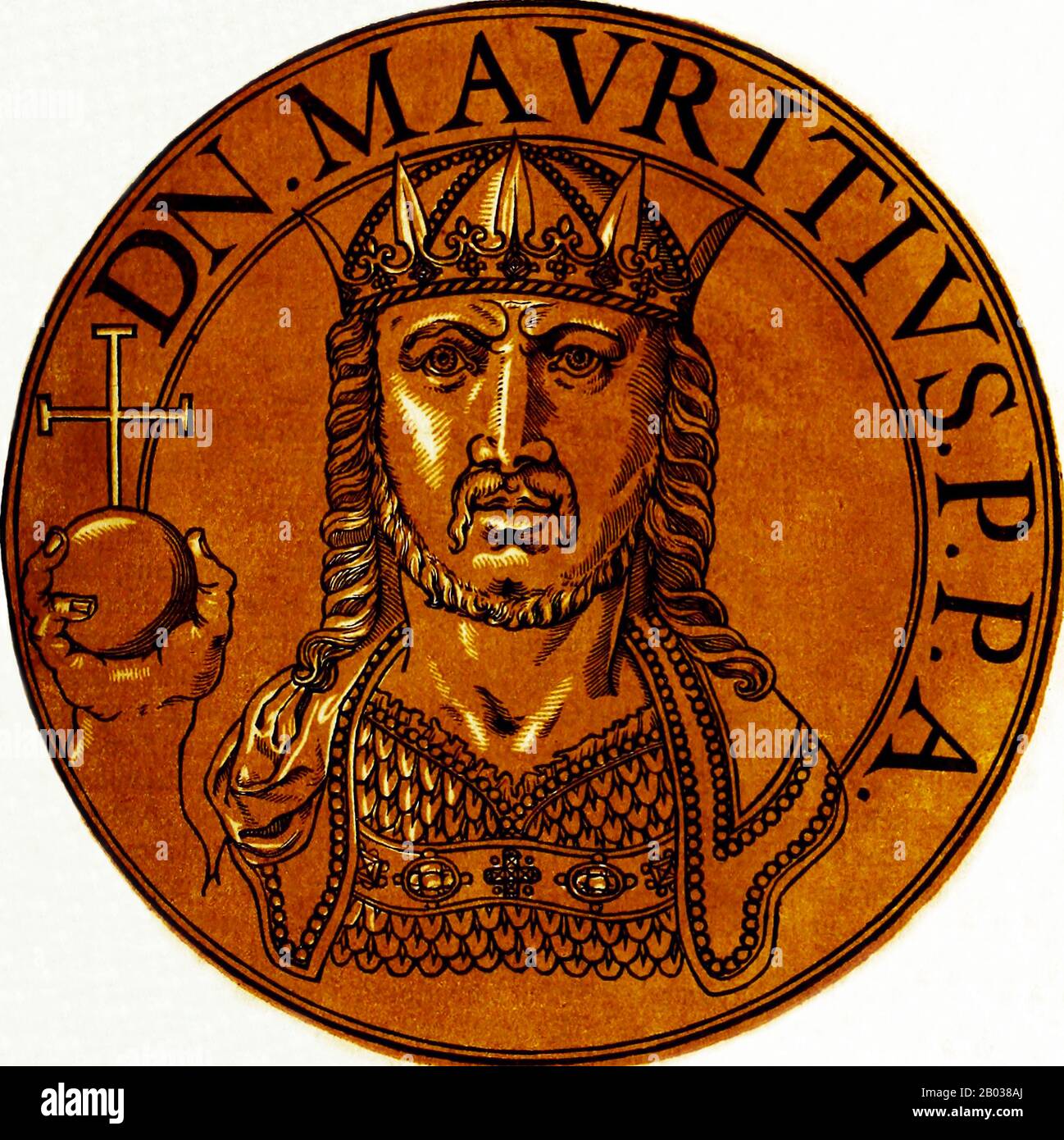 Maurice (539-602) wurde in Kappadokien geboren und stieg in seiner Jugend schnell zu einem prominenten General auf, mit zahlreichen erfolgen unter seinem Gürtel aus dem Wahlkampf gegen das Sassanidenreich. Er heiratete Constantina, die Tochter von Kaiser Tiberius II., und trat 582 die Nachfolge seines Schwiegervaters als Kaiser an, wobei er eine tumultartige Situation zahlreicher kriegerischer Fronten und hoher Tribute an Avar-Barbaren erbt hatte. Maurice brachte den Krieg gegen die Sassaniden schnell zu einem siegreichen Abschluss und baute die Ostgrenze des Frankenreiches im Kaukasus enorm aus. Er drängte die Avare über die Donau i zurück Stockfoto
