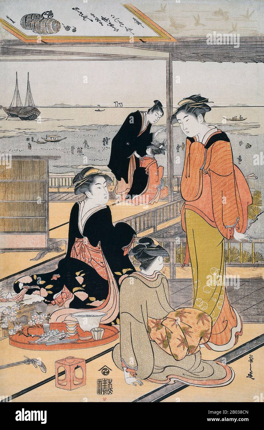 Chobunsai Eishi (1756-1829) war ein japanischer Ukiyo-e-Künstler. Hosoda Tokitomi wurde geboren in eine gut abgehaltene Samurai-Familie aus dem angesehenen Fujiwara-Clan, und Eishi wurde Familienoberhaupt, als sein Vater im Jahr 1772 starb, und von dort hatte er eine Position im Palast von Shogun Tokugawa Ieharu inne. Eishi schien Kunst unter Kano Michinobu von der Kano-Schule studiert zu haben, und er verließ den offiziellen Dienst des Shogun im Jahr 1784, um seinen künstlerischen Talenten nachzugehen und gab seinen Samurai-Rang auf. Seine ersten Werke waren nishki-e-Drucke von literarischem Fahrpreis wie "The Tale of Genji", aber er spezialisierte sich bald auf bijinga Stockfoto