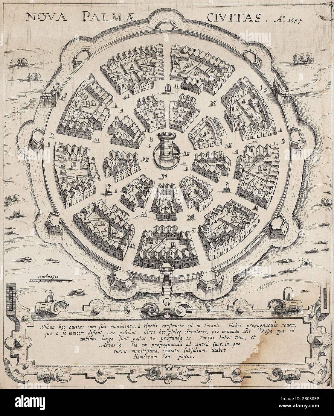 Palmanova ist eine Stadt und Gemeinde im Nordosten Italiens. Es ist ein hervorragendes Beispiel für eine Bastion/Sternenfort des Designs, das in der Zeit Der Späten Renaissance bevorzugt wurde. Das von den Veneziern 1593 erbaute Fort wurde von Vinczo Scamozzi entworfen. Zwischen 1658 und 1690 kam es zu einer zweiten Bauphase, wobei die endgültigen Befestigungsanlagen unter der napoleonischen Herrschaft von 1806-1813 fertiggestellt wurden. Stockfoto