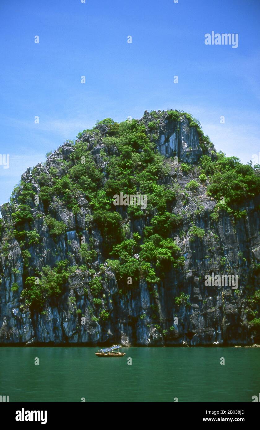 In Vietnamesisch bedeutet "langer Drache", und die Legende besagt, dass die Halong Bay von einem gigantischen Drachen gebildet wurde, der in den Golf von Tonkin stürzte und Tausende von Kalksteinauswühlungen durch die Verzurrung seines Schwanzes hervorgebracht hat. Geologen neigen dazu, diese Theorie zu verwerfen und argumentieren, dass die unzähligen Inseln, die entlang der Halong Bay liegen und sich bis nach Norden bis zur chinesischen Grenze erstrecken, das Ergebnis einer selektiven Erosion des Meeresbodens über Jahrtausende sind. Stockfoto