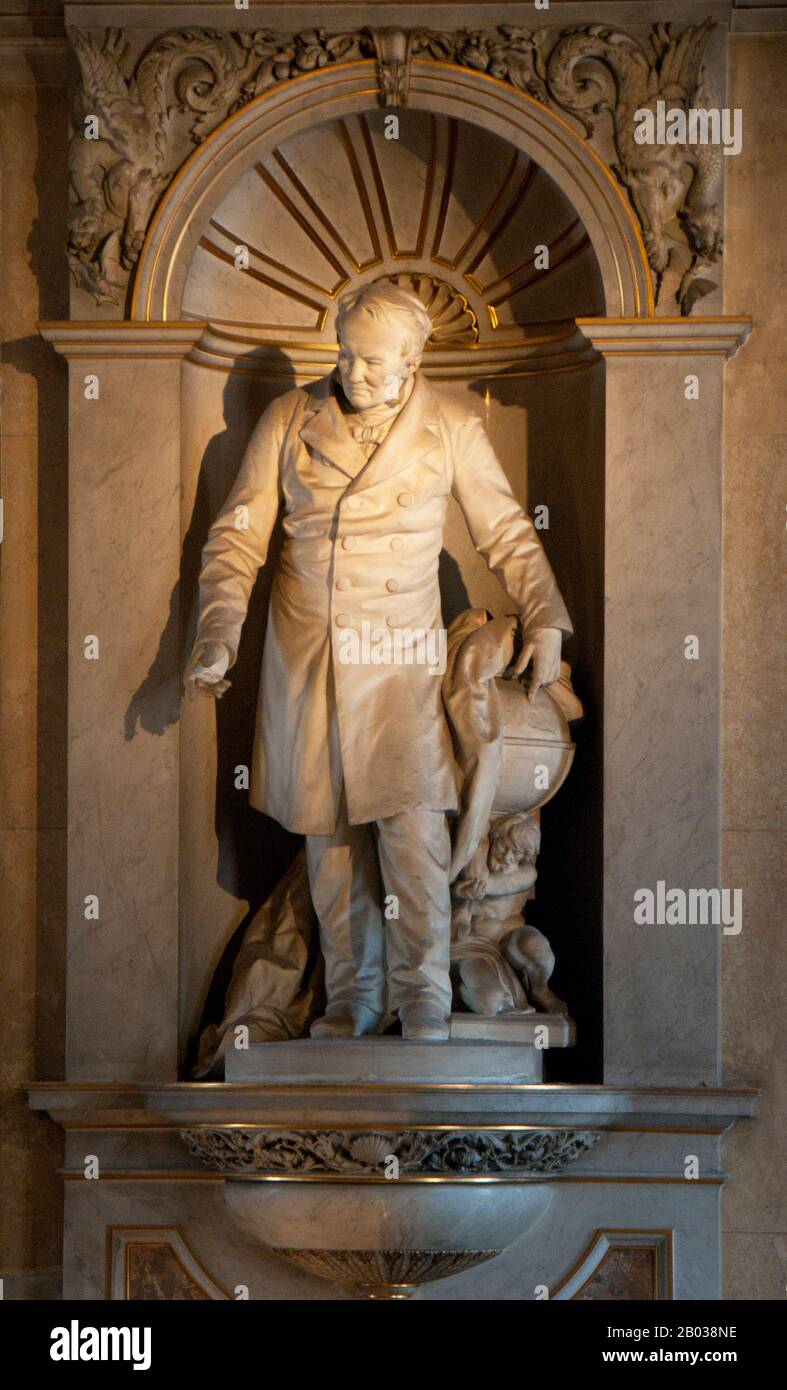 Friedrich Wilhelm Heinrich Alexander von Humboldt war ein preussischer Geograph, Naturforscher und Entdecker und der jüngere Bruder des preussischen Ministers, Philosophen und Sprachwissenschaftlers Wilhelm von Humboldt (1767-1835). Die quantitative Arbeit von Humboldt zur botanischen Geographie legte den Grundstein für den Bereich der Biogeographie. Zwischen den Jahren von 1799 und 1804 reiste Humboldt ausgiebig in Lateinamerika, erkundete und beschrieb es erstmals aus moderner wissenschaftlicher Sicht. Seine Beschreibung der Reise wurde in einer enormen Menge von über 21 Jahren geschrieben und veröffentlicht. Er war einer der FI Stockfoto