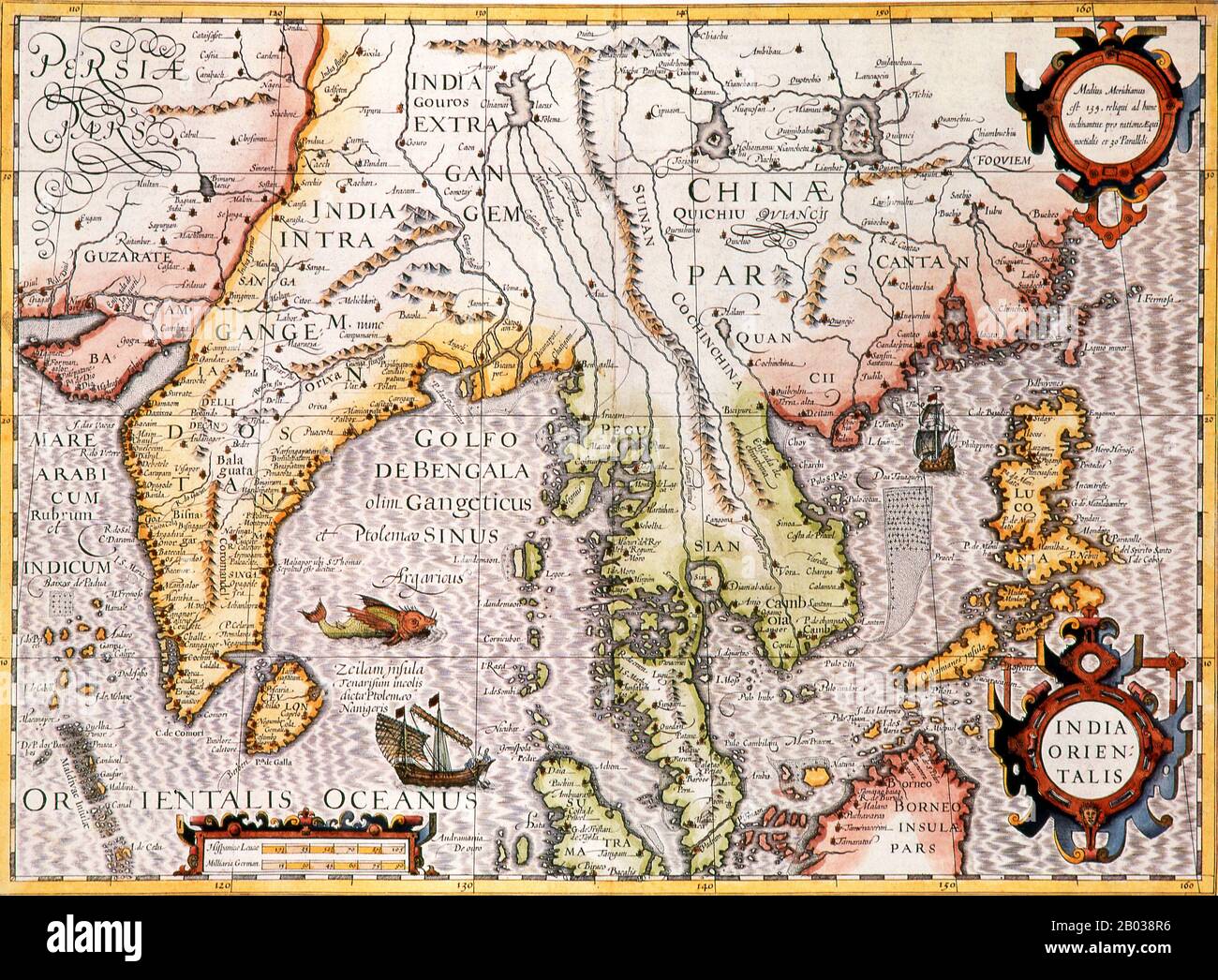 Jodocus Hondius (niederländischer Name: Joost de Hondt) (1563 - 1612) war ein flämischer Graveur und Kartograf. Er half, Amsterdam als Zentrum der Kartografie in Europa im 17. Jahrhundert zu etablieren. Stockfoto