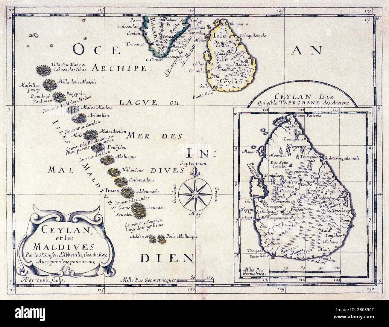 Nicolas Sanson (20. Dezember 1600 - 7. Juli 1667) war ein französischer Kartograf, der von einigen der Schöpfer der französischen Geographie genannt wurde und in dem er als "Vater der französischen Kartografie" bezeichnet wurde. Asiens kleinste und am wenigsten bekannte Nation, die Republik Malediven, liegt verstreut von Nord nach Süd über einen 750 Kilometer langen Lauf des Indischen Ozeans 500 Kilometer südwestlich von Sri Lanka. Mehr als 1000 Inseln, zusammen mit unzähligen Ufern und Riffen, sind in einer Kette von neunzehn Atollen zusammengefasst, die sich von einem Punkt westlich von Colombo bis unmittelbar südlich des Äquators erstreckt. Stockfoto