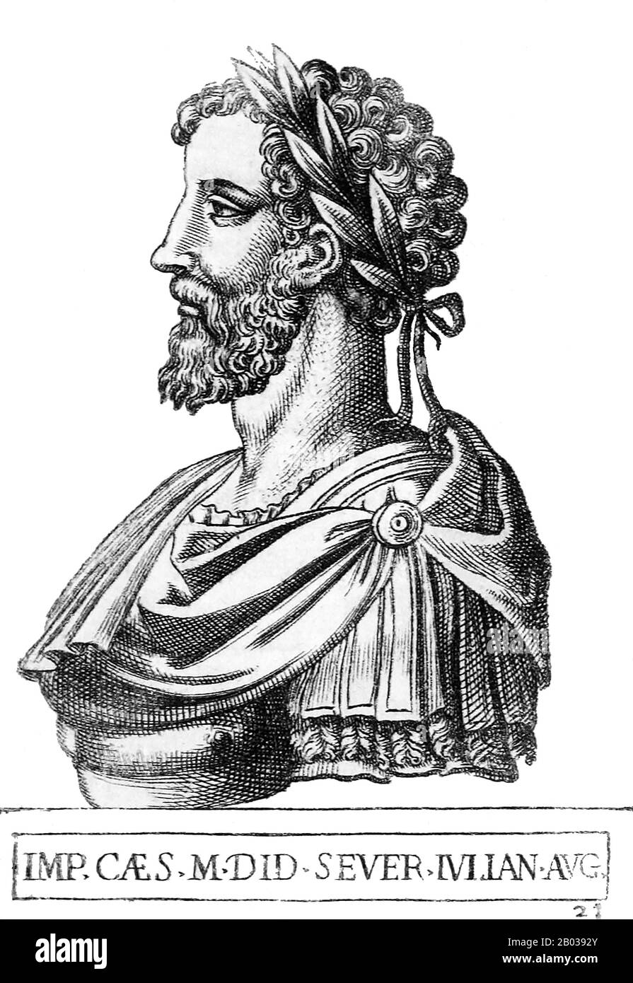 Didius Julianus (133/137-193) wurde von Domitia Lucilla, der Mutter von Kaiser Marcus Aurelius, erhoben und war für öffentliche Ämter und Unterscheidung gepflegt. Er diente in der römischen Armee und wurde 175 CE für seine Erfolge gegen die Germanenstämme zum Konsulat neben Pertinax erhoben. Nachdem die Prager Garde Pertinax im März 193 ermordet hatte, stellten sie den kaiserlichen Thron zum bieten auf, der bereit war, ihn an den zu verkaufen, der am meisten bezahlen konnte. Julianus gewann den Bieterkrieg und wurde zum Cäsar und Kaiser erklärt, wobei der Senat die Erklärung unter militärischer Bedrohung formalisierte. Seine umstrittene asce Stockfoto