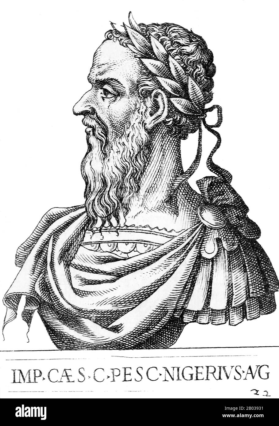 Pescennius Niger (135/140-194) wurde in eine alte italienische Reiterfamilie geboren und war das erste Mitglied, das römische Senatorin wurde. Er wurde 191 von Commodus zum kaiserlichen Legaten Syriens ernannt, wo er diente, als die Nachricht über die Ermordung Pertinax im Jahr 193 und die Versteigerung des kaiserlichen Throns an Didius Julianus kam. Niger war eine gut beachtete öffentliche Persönlichkeit, und die Bürger Roms forderten ihn auf, nach Rom zurückzukehren und den Titel von Julianus zu beanspruchen. Folglich proklamierten die östlichen Legionen den Niger 193 zum Kaiser, den zweiten Kaiser, der nach Septimiu den kaiserlichen Titel beanspruchen sollte Stockfoto