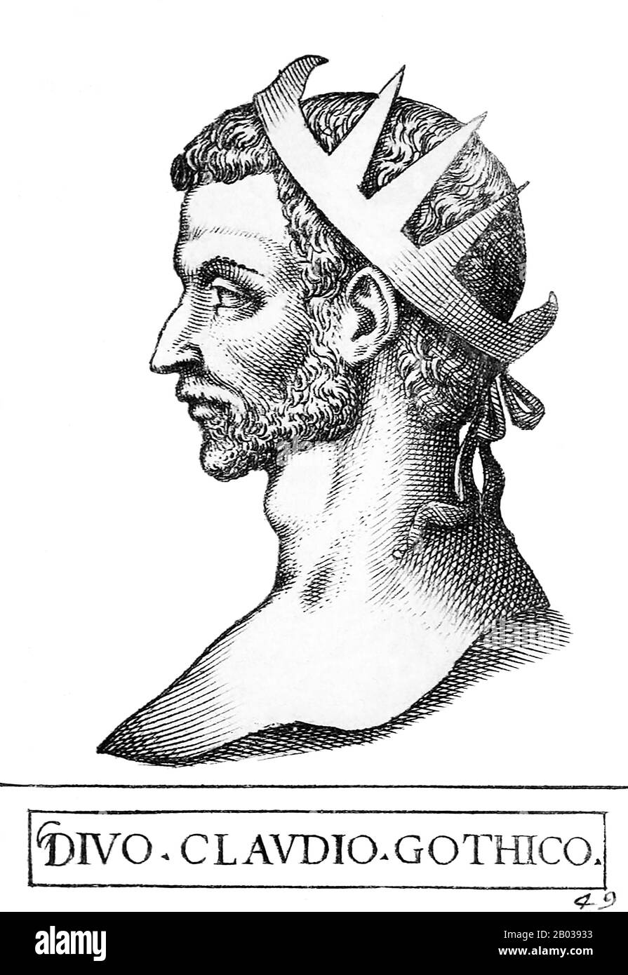 Claudius II (210-270), auch Claudius Gothicus genannt, war illyrischen Ursprungs und barbarischer Geburt. Er war Berufssoldat, er diente sein ganzes Erwachsenenleben in der römischen Armee. Er war während der Belagerung von Mailand im Jahr 268 Militärdreibund in der Armee von Kaiser Gallienus, als Gallienus von seinen eigenen fünfzialen, möglicherweise einschließlich Claudius, ermordet wurde. Claudius wurde dann von seinen eigenen Soldaten, möglicherweise wegen seiner körperlichen Stärke und Grausamkeit, zum Kaiser ausgerufen. Claudius war wie der vorherige barbarische Kaiser Maximinus Thrax ein Soldatenkaiser, der erste in einer Serie, die das Reich wieder herstellen sollte Stockfoto