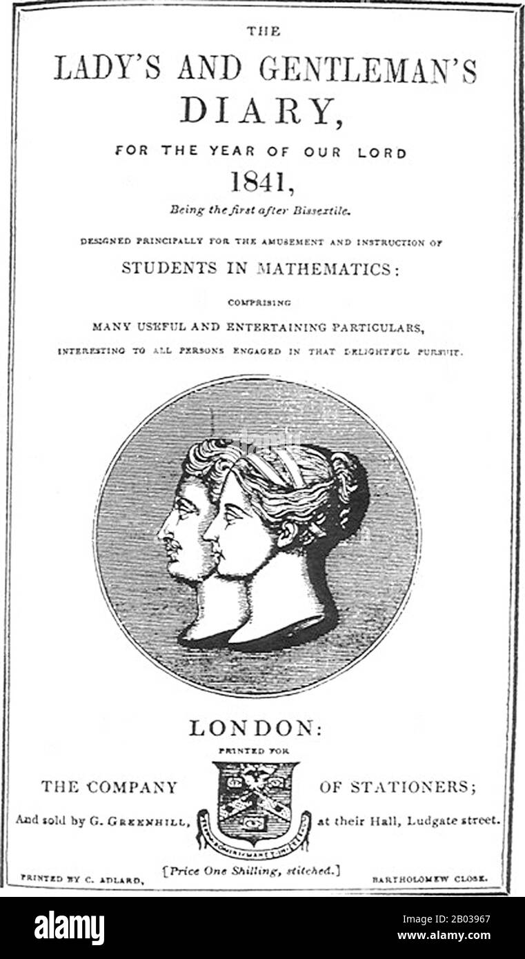 Das "Lady's and Gentleman's Diary" war eine Freizeit-Mathematikzeitschrift, die als Nachfolgerin Des "Ladies' Diary" und des "Gentleman's Diary" im Jahr 1841 gebildet wurde. Es bestand hauptsächlich aus Problemen, die von seinen Lesern gestellt wurden, wobei ihre Lösungen in späteren Bänden gegeben wurden, obwohl es auch Worträtsel und Poesie enthielt. Die Zeitschrift hatte ihren Sitz in London. Stockfoto