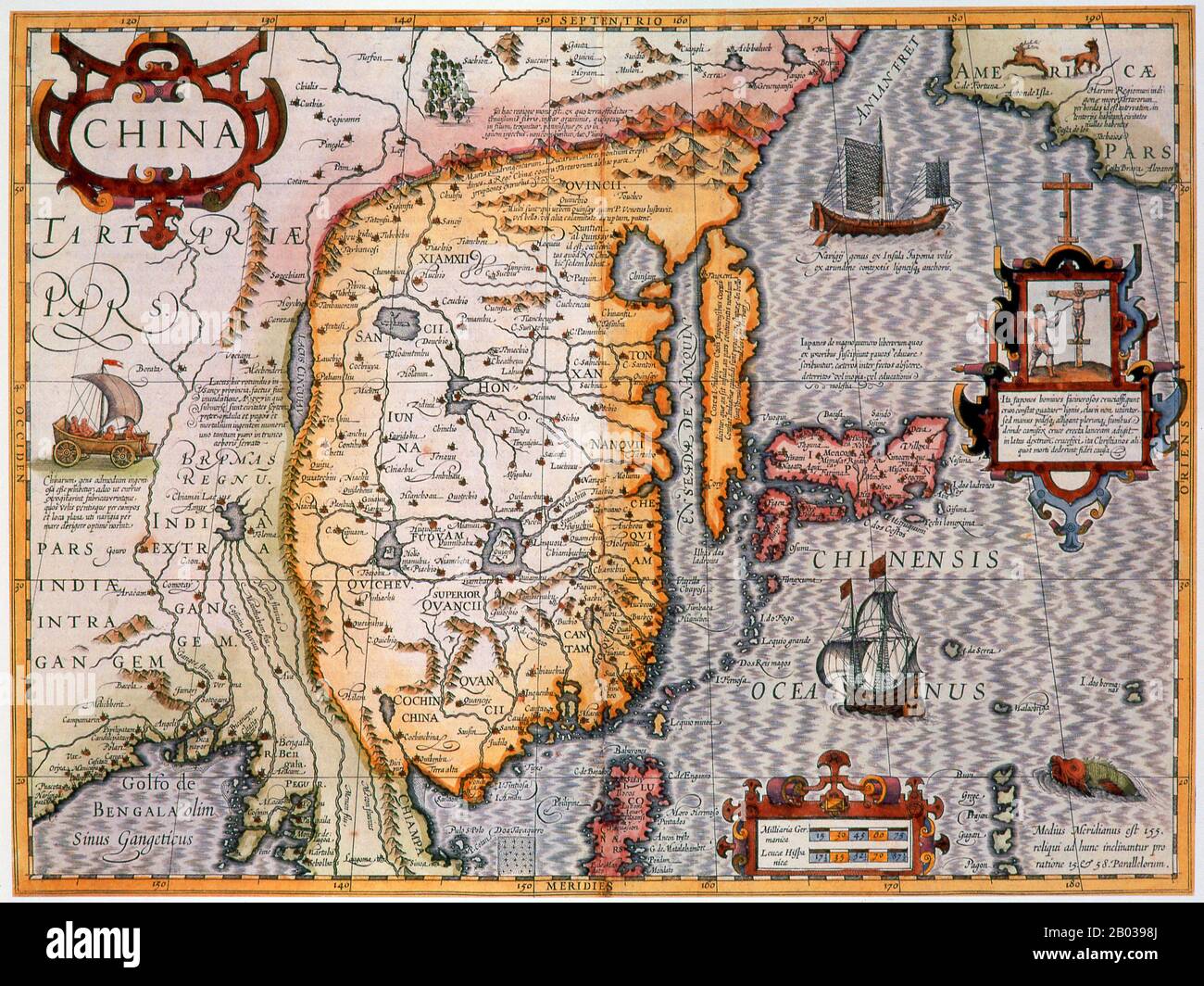 Gerardus Mercator, ein flämischer Deutscher (5. März 1512 - 2. Dezember 1594) war ein Kartograf, der dafür bekannt war, eine Weltkarte auf der Grundlage einer neuen Projektion zu erstellen, die Segelkurse von konstantem Lager als gerade Linien darstellte - eine Innovation, die noch in nautischen Karten verwendet wird, die für die Navigation verwendet werden. Jodocus Hondius (niederländischer Name: Joost de Hondt) (1563 - 1612) war ein flämischer Graveur und Kartograf. Er half, Amsterdam als Zentrum der Kartografie in Europa im 17. Jahrhundert zu etablieren. Stockfoto