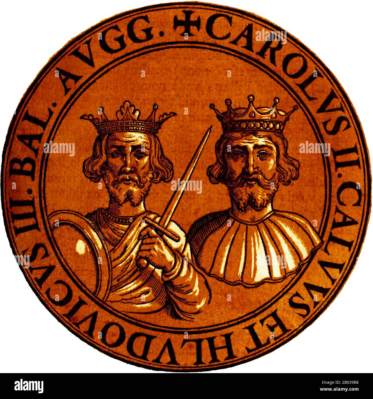 Karl II. (823-877), häufiger genannt Karl der Bald, war der Sohn von Kaiser Louis dem Frommen von seiner zweiten Frau. Es waren die Versuche seiner Mutter, dafür zu sorgen, dass Charles in die Nachfolgeplanung von Louis aufgenommen wurde, die zu den mehrfachen Bürgerkriegen von Charles' Halbbrüdern gegen seinen Vater führten. Als Charles Vater 840 starb, brach ein weiterer Bürgerkrieg zwischen den Söhnen des Kaiser aus, wobei Charles sich mit seinem Halbbrüder Louis dem Deutschen gegen den neuen Kaiser, Lothair I., Anallte, Besiegte Sie Lothair 841 und zementierte ihr Bündnis mit den Ehen von Straßburg und dem Vertrag von Verdu Stockfoto