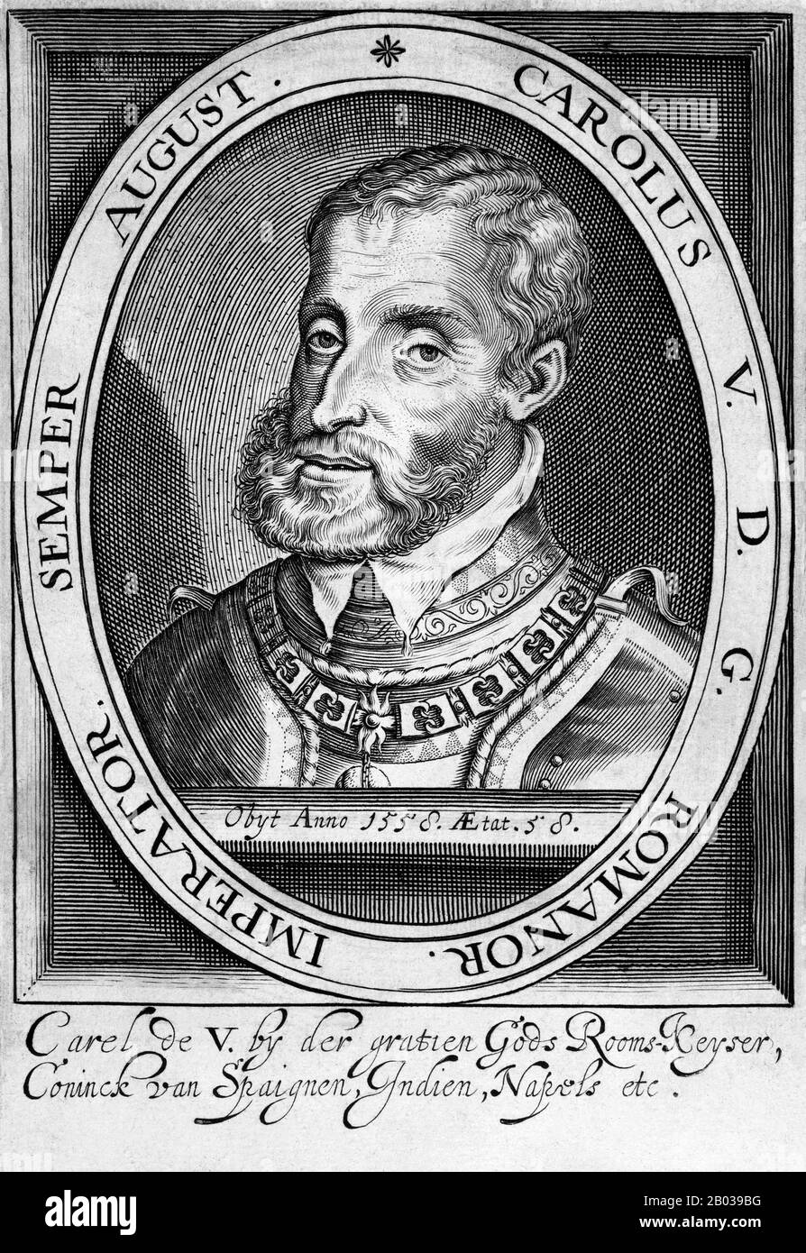 Karl V. (24. Februar 1500 - 21. September 1558) war ab 1519 sowohl der Herr des Heiligen römischen Imperiums als auch des spanischen Kaiserreichs (als Karl I. von Spanien) von 1516 als auch der Länder des ehemaligen Herzogthums von Burgunden von 1506. Von diesen und anderen Positionen trat er durch eine Reihe von Abwendungen zwischen 1554 und 1556 zurück. Durch Erbschaft führte Charles unter seiner Herrschaft umfangreiche Territorien in West-, Mittel- und Südeuropa sowie die spanischen Siegerschaften in Nord- und Südamerika und Asien zusammen. In der Folge überspannten seine Domänen fast 4 Millionen Quadratkilometer (1,5 Millionen Quadratmeilen), a Stockfoto