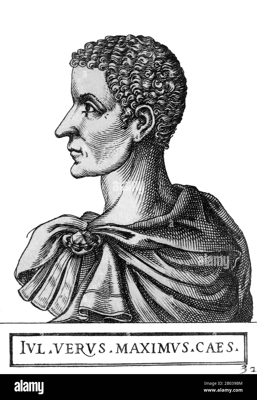 Gaius Julius Verus Maximus (217/220 - 238), manchmal fälschlicherweise als Gaius Julius Verus Maximinus oder Maximinus der Jüngere bekannt, war der Sohn des thrakorömischen Kaiser Maximinus Thrax. Maximus wurde 236 zum Cäsar ernannt, hatte aber nur wenig wirkliche Macht, bis er 238 von der Prätorianergarde während der Belagerung von Aquileia an der Seite seines Vaters ermordet wurde. Stockfoto