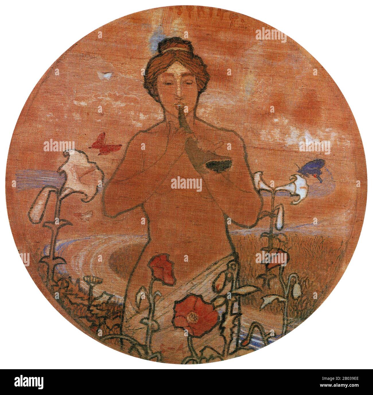Shigeru Aoki (1882-1911) war ein japanischer Maler, der berühmt für seine Verbindung der japanischen Mythen und Legenden mit der Kunstbewegung im westlichen Stil war, die in einigen japanischen Gemälden des späten 19. Und frühen 20. Jahrhunderts zu finden war. Aoki wurde in einen Ex-Samurai-Haushalt im Norden von Kyushu geboren. Er verließ sein Haus 1899, um künstlerische Studien in Tokio zu verfolgen, und begann bald, kritische Akklamation für sein Kunstwerk und seinen Einsatz von präraphaelitären Brudertechniken, gemischt mit Kojiki-Themen, zu sammeln. Er starb im März 1911 an Tuberkulose im Alter von nur 28 Jahren. Stockfoto