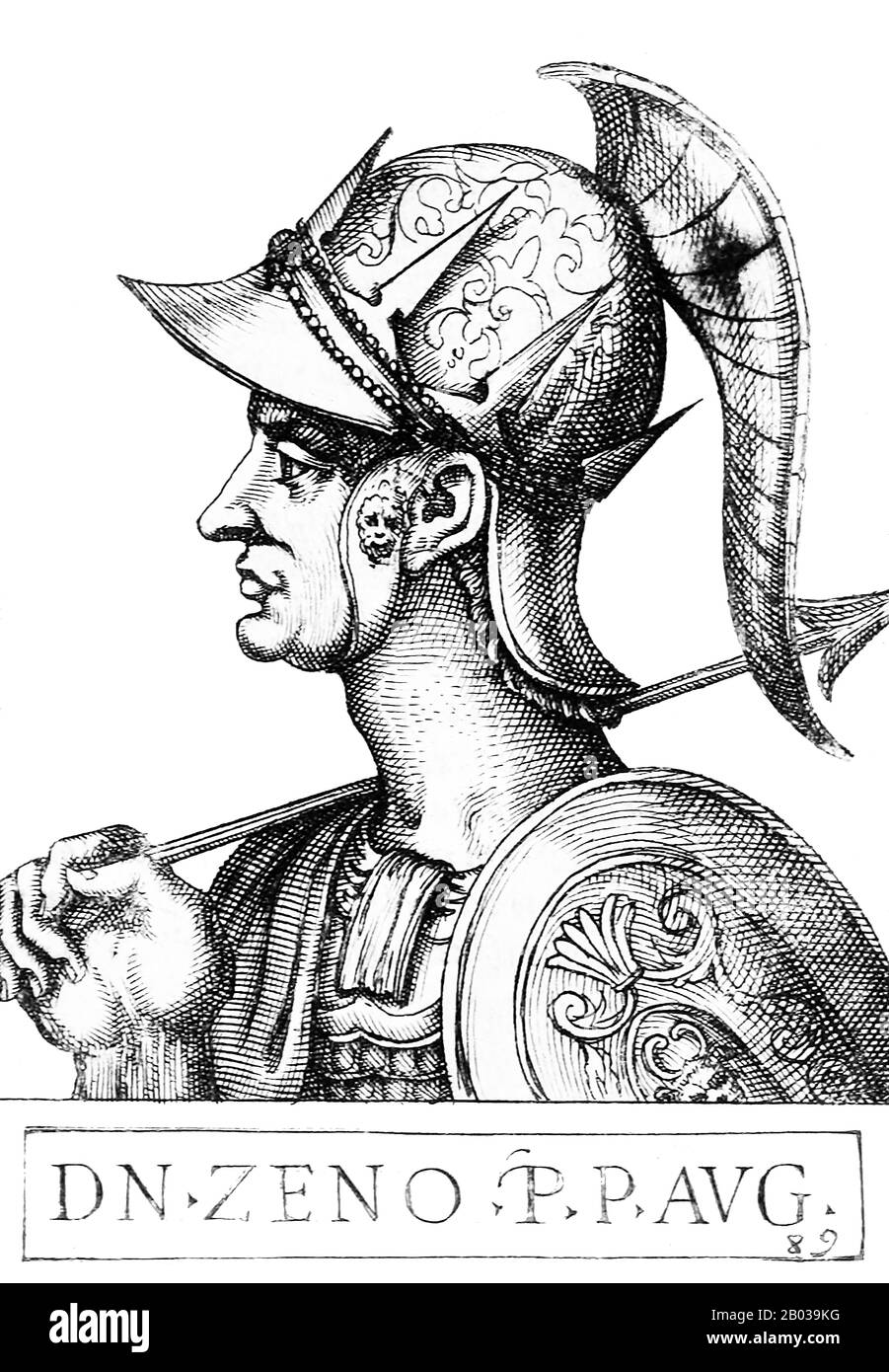 Zeno der Isaurier (425-491), ursprünglich Tarasis Kodisa Rousombladadiotes genannt, war ein isaurischer Offizier, der in der oströmischen Armee diente. Er wurde ein Verbündeter von Kaiser Leo, heiratete seine Tochter Ariadne und half ihm, den Alan General Aspar, der großen Einfluss in Constantine hatte, zu ermorden. Er nahm den Namen Zeno an, offenbar von einem anderen berühmten isaurischen Offizier, der gegen Attila gekämpft hatte, um sich für die römische Hierarchie akzeptabler zu machen. Als Leo 474 starb, wurde Zenos Sohn Leo II. Kaiser, aber da er damals nur sieben war, war er überzeugt, seinen Vater als Mitkaiser zu benennen. Ze Stockfoto