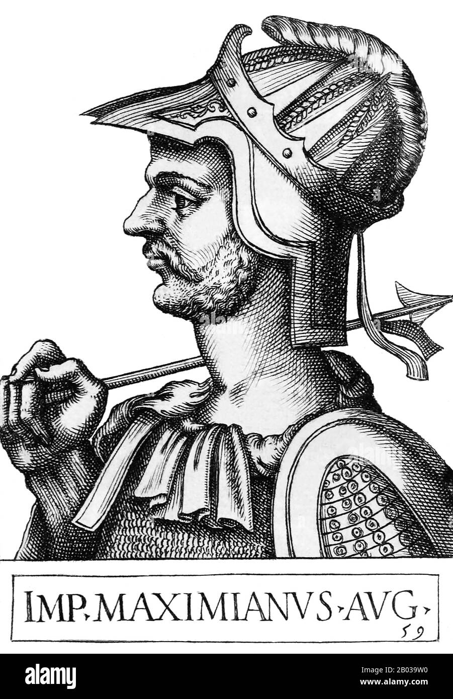 Maximian (250-310) wurde in der Provinz Pannonia einer Familie von Ladenbesitzern geboren und trat so bald wie möglich der Armee bei, die neben dem künftigen Mitkaiser Diokletian unter den Kaisern Aurelian, Probus und Carus diente. Nachdem Diokletian 284 Kaiser geworden war, wurde Maximian bald 286 zum Mitkaiser ernannt, was Maximians Militärgeflecht mit Diokletians politischem Gehirn zusammenpasste. Maximian verbrachte die meiste Zeit auf dem Feldzug und kämpfte gegen die Germanenstämme entlang der Rheingrenze und in Gallien. Als der Mann Maximian zum regieren der Kanalufer ernannt hatte, rebellierte Carausius 286 und sezierte Br Stockfoto