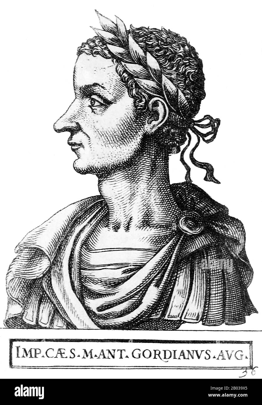 Gordian III (224-244) war der Enkel von Kaiser Gordian I. und Neffe von Kaiser Gordian II Über sein frühes Leben ist wenig bekannt, doch kurz nach dem Tod Gordians I. und Gordians II. Im Jahr 238 wurde Gordian III. Als sein Großvater in Marcus Antonio Gordianus umbenannt und wurde Kaisererbe. Als die derzeitigen Mitkaiser Pupienus und Balbinus Monate nach ihrem Beitritt von der Prätorianischen Garde hingerichtet wurden, wurde Gordian im Alter von 13 Jahren Kaiser, der jüngste alleiniger juristischer römischer Kaiser während der gesamten Existenz des einheitlichen römischen Imperiums. Aufgrund seines Alters wurde das Urteil Roms tatsächlich b Stockfoto