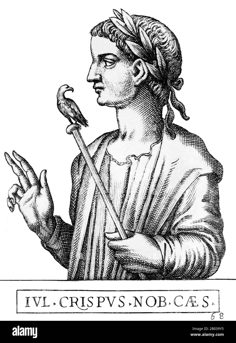 Crispus (299/305-326) war der erstgeborene Sohn und Erbin von Kaiser Konstantin I. und seiner ersten Frau Minervina. Als sein Vater Minervina schließlich beiseite legen musste, um Fausta aus politischen Gründen zu heiraten, entließ er seinen Sohn nicht, sondern kümmerte sich weiter um ihn und hätte Crispus seinen Erben genannt. Crispus wurde 317 zum "Cäsar", einem Fürsten des Imperiums, erklärt und wurde zum Befehlshaber von Gallien ernannt. Er führte viele siegreiche Militärkampagnen gegen die Alamannien und Franken und sicherte die römische Präsenz in Gallien und Germanien. Er kämpfte auch an der Seite seines Bruders gegen den feindlichen Kaiser Licinius Stockfoto