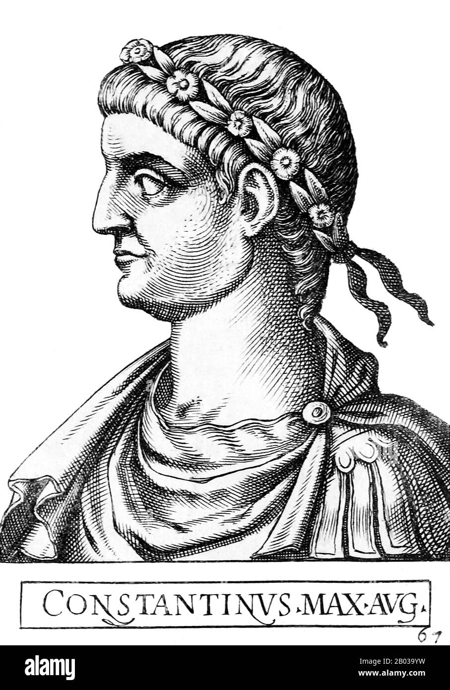 Konstantin I. (272-337), auch Konstantin der Große und der heilige Konstantin genannt, war der Sohn des Kaiser Constantius. Sein Vater schickte ihn nach Osten, um unter den Kaisern Diokletian und Galerius zu dienen und verbrachte einige Zeit am Hof des letzteren. Nachdem sein Vater 306 gestorben war, wurde Konstantin von seiner Armee in Ebocarum (York) zu seinem Nachfolger und Kaiser ausgerufen. Er blieb zunächst in den Bemühungen Kaiser Galerius, den Usurpator Maxentius zu besiegen, offiziell neutral, doch nach Galerius Tod wurde Konstantin schließlich in den Konflikt hineingezogen. Schließlich besiegte er Maxentius im Jahr 312 und dann foug Stockfoto
