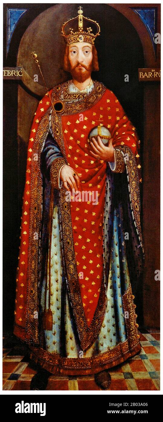 Friedrich I. (1122-1190), auch Friedrich Barbarossas genannt, war der Neffe des deutschen Königs Conrad III. Und wurde im Jahr 1147 Herzog von Schwaben. Als Conrad 1152 starb, nannte er Friedrich als Nachfolger auf seinem Sterbebett und nicht als seinen eigenen Sohn Friedrich IV. Von Schwaben. Er wurde später 1155 zum König von Italien und zum Heiligen römischen Kaiser gekrönt sowie 1178 zum König von Burgunden ausgerufen. Friedrich erhielt von den norditalienischen Städten, die er zu erobern versuchte, den Namen Barbarossas ('der Bart'), indem er sechs Feldzüge in allen führte, um Italien zu subsumieren, wobei er ständig mit den verschiedenen Päpsten und Gepflaumen kämpfte Stockfoto