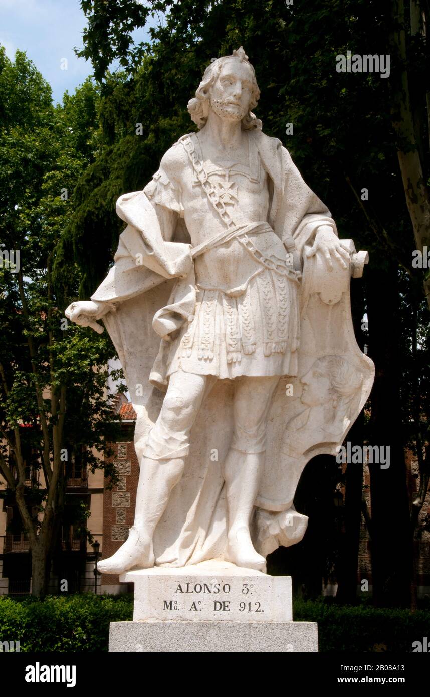 Alfonso III (ca. 848 - 20. Dezember 910), genannt der Große, war von 866 bis zu seinem Tod König von León, Galicien und Asturien. Er war der Sohn und Nachfolger von Ordoño I. In späteren Quellen ist er der frühste, der als "Kaiser von Spanien" bezeichnet wird. Stockfoto