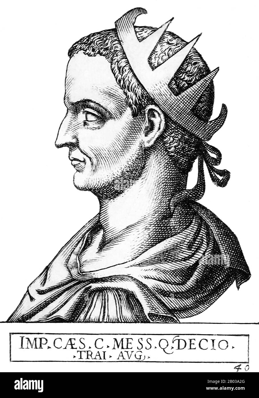 Trajan Decius (201-251) war ein angesehener Senator und Gouverneur im römischen Reich. Als in den letzten Jahren der arabischen Herrschaft Philipp im ganzen Reich Revolten und Aufstände aufkamen, wurde Decius geschickt, um eine Revolte in den Balkanprovinzen Moesia und Pannonia zu bezwingen. Nach dem Sieg über die Revolte wurde Decius von seinen Truppen zum Kaiser ausgerufen, und er kämpfte 249 gegen Philipp und tötete ihn, zog nach Rom ein und wurde vom römischen Senat als Kaiser anerkannt. Als Kaiser konzentrierte sich Decius darauf, die äußeren Bedrohungen für das Reich zu besiegen sowie die öffentliche Frömmigkeit wiederherzustellen und den Stat zu stärken Stockfoto