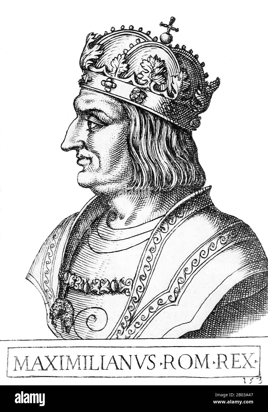 Maximilian I. (22. März 1459 - 12. Januar 1519), Sohn von Friedrich III., Heiliger römischer Kaiser, Und Eleanor von Portugal, war König der Römer (auch als König der Deutschen bekannt) von 1486 und Heiliger römischer Kaiser von 1508 bis zu seinem Tod, obwohl er in Wirklichkeit nie vom Papst gekrönt wurde, war die Reise nach Rom immer zu riskant. Er hatte die letzten zehn Jahre der Regentschaft seines Vaters gemeinsam mit seinem Vater regiert, vom c 1483. Er erweiterte den Einfluss des Hauses Habsburg durch Krieg und seine Heirat 1477 auf Maria von Burgstall, die Erbin des Herzogthums von Burgstall, aber er verlor auch Die Aus Stockfoto