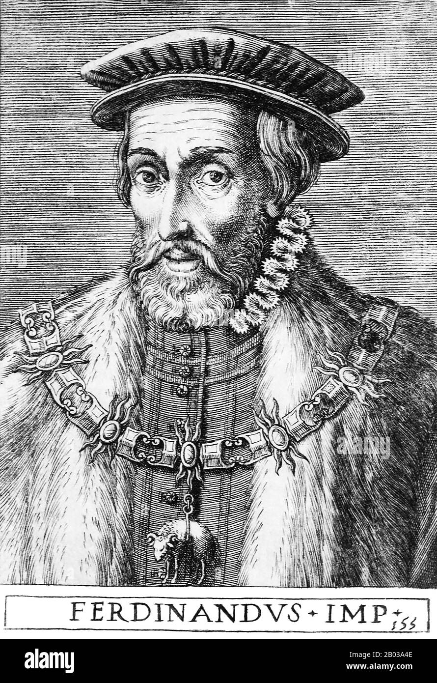 Ferdinand I. (1503-1564) war der Sohn von Philipp I. von Kastilien und der Königin Joanna I. von Kastilien, Enkel von Kaiser Maximilian I. und jüngerer Bruder des zukünftigen, in Spanien Geborenen und aufgezogenen Kaiser Karl V., er wurde 1518 nach Flandern geschickt. Als Karl 1519 heiliger römischer Kaiser wurde, wurde Ferdinand mit der Verwaltung ihrer erblichen österreichischen Lande betraut, wurde Erzreich von Österreich und nahm die deutsche Kultur als seine eigene an. Ferdinand wurde 1526 nach dem Tod seines Schwagers Louis II. König von Böhmen und Ungarn und diente als dessen Bruder Charles' Stellvertreter im Heiligen Römischen Reich Stockfoto