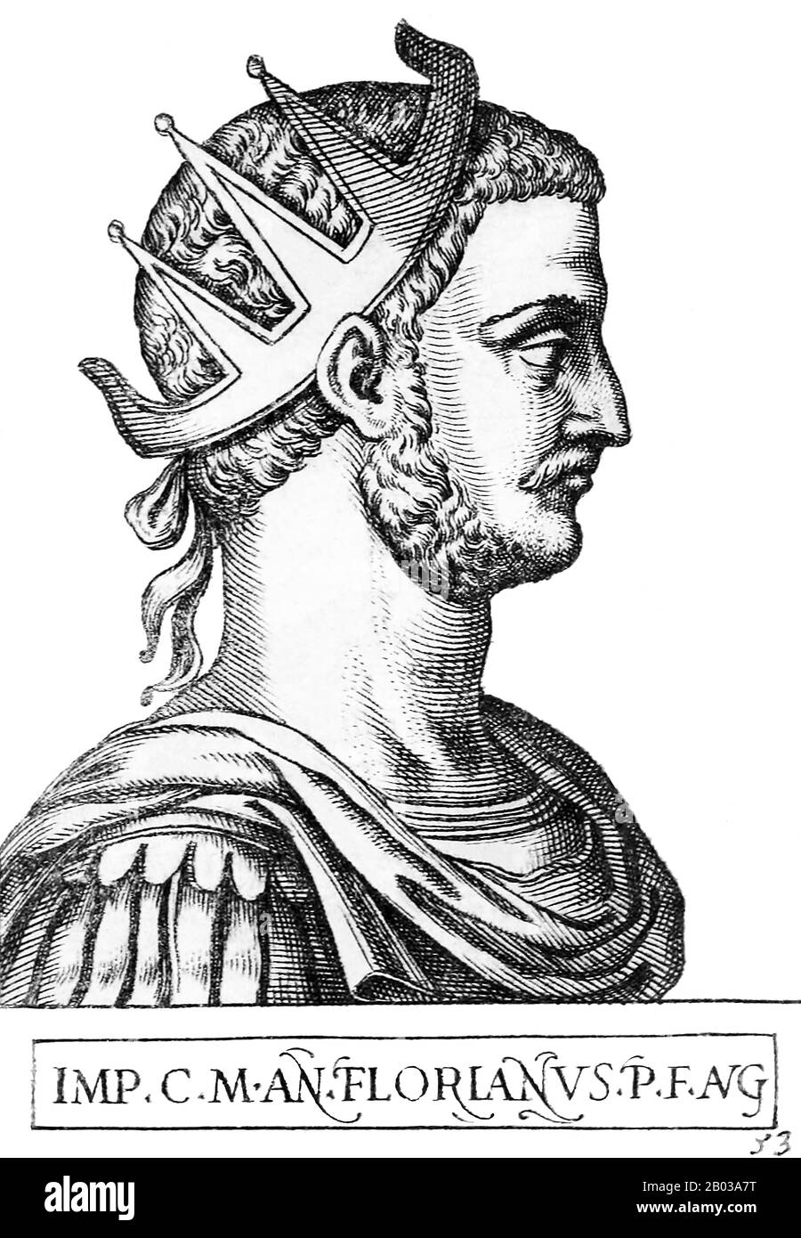 Florianus (-276), auch Florian genannt, war mütterlicher Halbbrüder von Kaiser Tacitus. Er wurde von Tacitus in seinem Krieg gegen die Goten zum Prätorianerpräfekten gemacht, und als Tacitus 276 starb, erklärte die Armee im Westen Florian ohne Zustimmung des Senats zum nächsten Kaiser. Florian hatte die Unterstützung vieler westlicher Provinzen, während der rivalisierende Kläger Probus die Unterstützung der östlichen Provinzen hatte. Die beiden Rivalen kämpften sich in der Schlacht von Cilicia, wobei Florian zwar die größere Armee besitzt, aber Probus ein erfahrenerer General ist. Florians Armee, nicht an das heiße und trockene gewöhnt Stockfoto