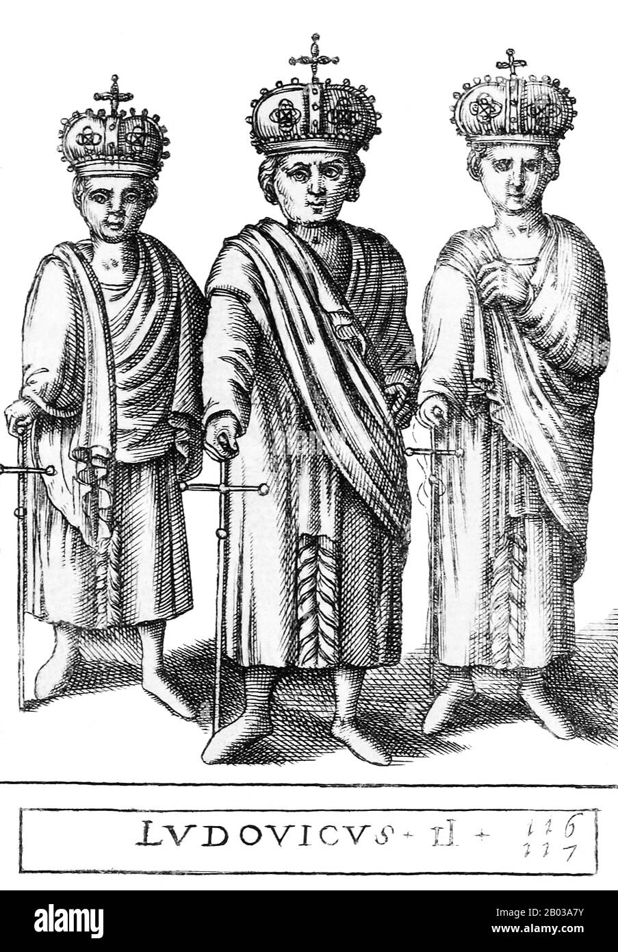 Louis II (825-875), auch Louis von Italien und Louis der Jüngere genannt, war der älteste Sohn von Kaiser Lothair I., mit dem er bis 855 zusammen regierte, danach erbat er den kaiserlichen Thron und regierte allein. Louis II. War auch König von Italien und regierte das Königreich vor seiner Thronbesteigung zum Kaiser. Als sein Vater starb und seine Ländereien unter seinen Söhnen aufgeteilt wurden, war Louis wütend, dass er kein Territorium außerhalb Italiens erhielt. Als er sich mit seinem Onkel, Louis dem Deutschen, verbirgte, kämpfte er 857 gegen seinen eigenen Bruder Lothair, König von Lotharingia, sowie gegen seinen anderen Onkel, König Karl den Ballen Stockfoto