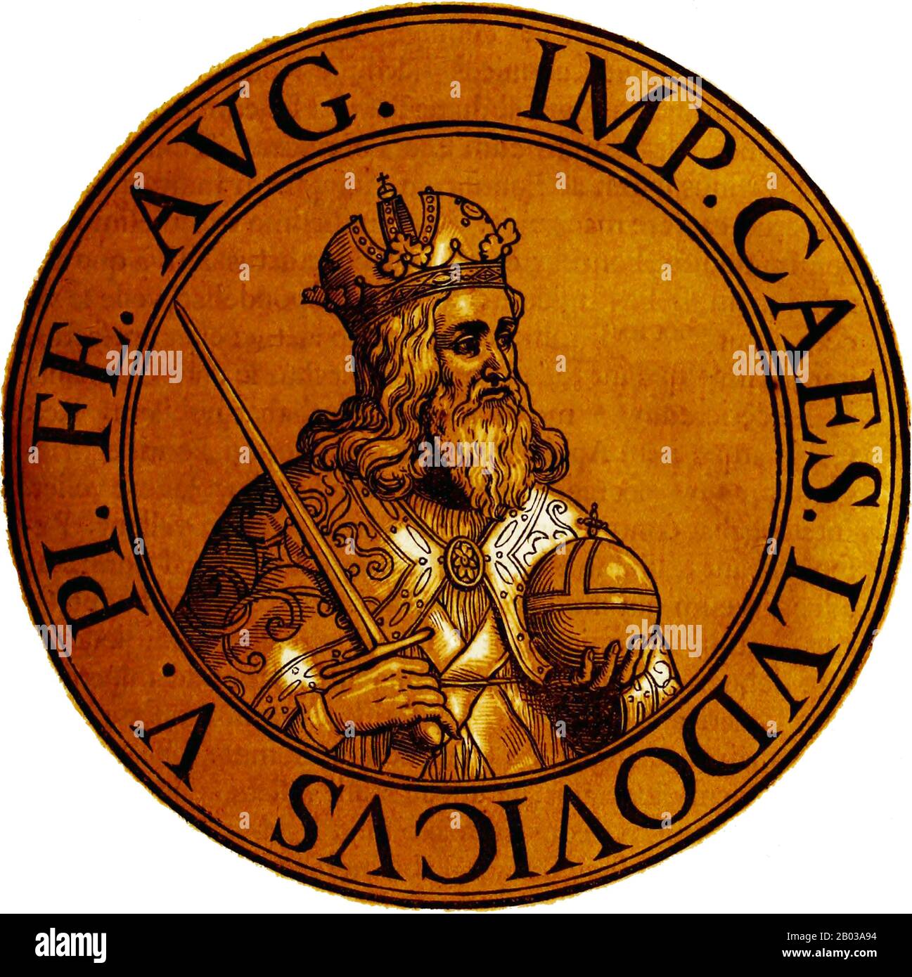 Ludwig IV. (1282-1347), auch bekannt als Ludwig der Bayernkönig, war der Sohn des Oberbayerns Herzog Louis II. Und der Matilda, Tochter des Königs Rudolf I., Er war des Hauses Wittelsbach und war zunächst ein enger Freund seines Habsburger Vetters Friedrich des Jahrh. Sie fielen aber später aus und schlugen sich gewaltsam zusammen. Er wurde 1301 neben seinem Bruder Rudolf I. Herzog von Bayern, wurde aber 1317 Alleinherrscher. Als Kaiser Heinrich VII. 1313 starb, wurden zwei Könige zum Nachfolger gewählt, einer war Louis selbst und der andere sein Vetter Friedrich. Sie wurden schnell gekrönt und kämpften sich dann in einem blutigen Krieg um Stockfoto