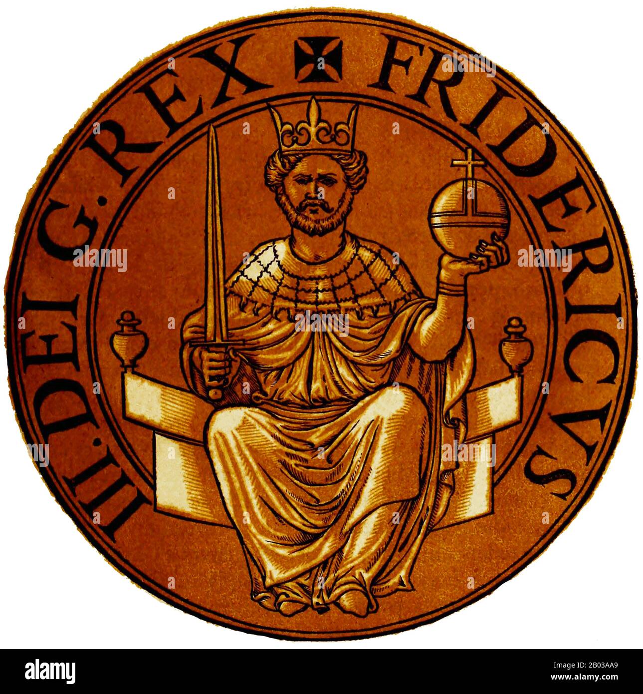 Friedrich III. (1289-1330), auch Friedrich der Schöne und Friedrich der Messe genannt, war der zweite Sohn von König Albert I., wodurch er Teil der Habsburgerdynastie wurde. Er wurde 1298 neben seinem Bruder Rudolph III. Zum Herzog von Österreich und der Styria gemacht und wurde nach dem Tod seines Bruders 1307 Alleinherrscher. Er war ursprünglich ein enger Freund seines Vetters Louis IV. Von Wittelsbach, aber sie wurden später im Leben Feinde. Als Kaiser Heinrich VIII. 1313 starb, wurde Friedrich neben seinem Vetter Louis Thronanwärter. Friedrich erhielt vier von sieben Wählerstimmen, aber ein zweites ELEC Stockfoto