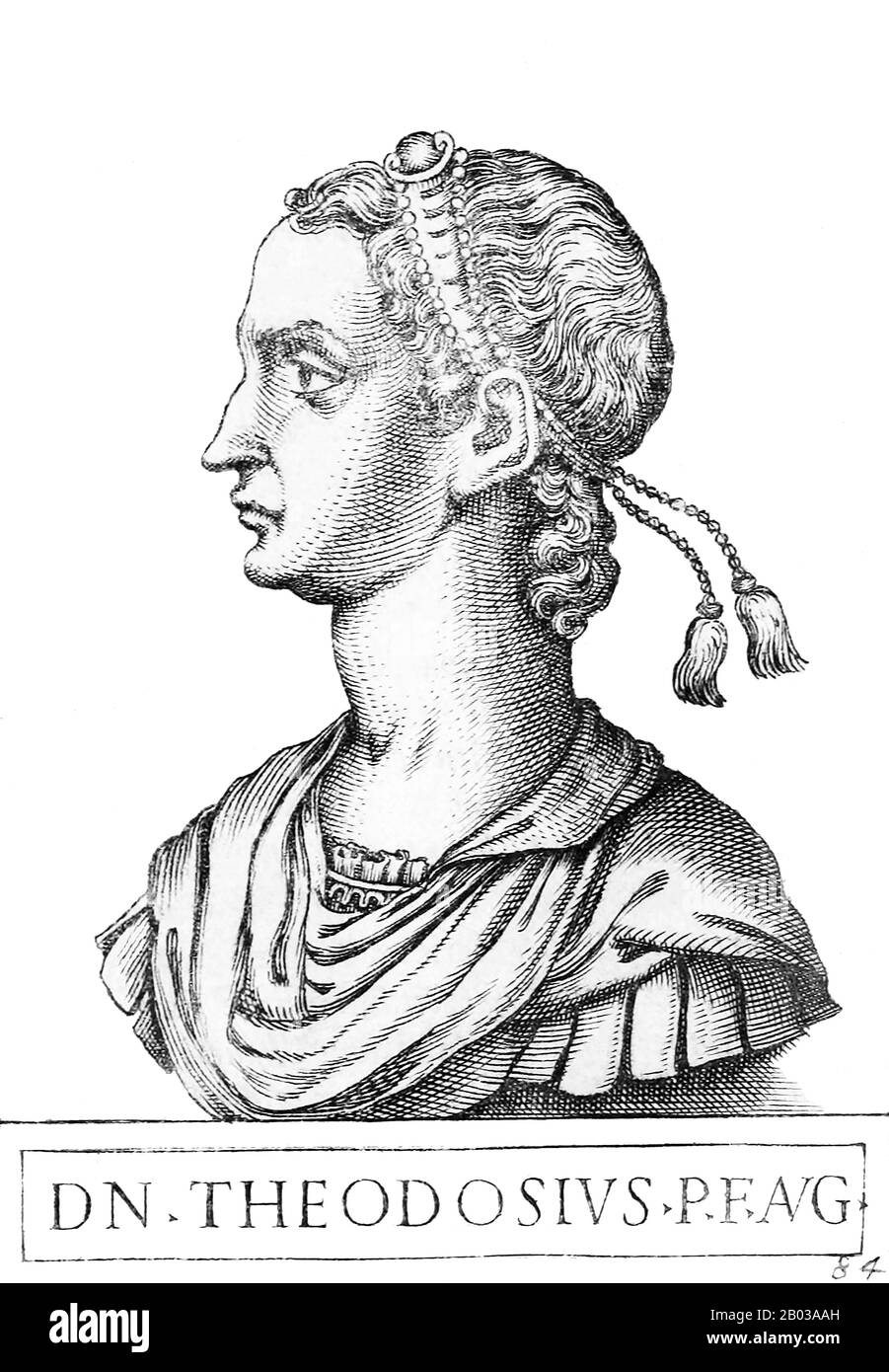 Theodosius II. (401-450), auch als Theodosius der Jüngere und Theodosius der Kalligraf bekannt, war der Sohn des Kaiser Arcadius des oströmischen Imperiums. Er wurde ein Jahr nach seiner Geburt zum Mitherrscher und zum Augustus ausgerufen und wurde damit der jüngste Mensch, der jemals den Titel trug. Er wurde nach dem Tod seines Vaters im Jahr 408, im Alter von nur sieben Jahren, Kaiser. Seine ältere Schwester Pulcheria übernahm kurzzeitig die regentschaft als Augusta, bis Theodosius 416 CE alt genug war. Theodosius war ein frommer Christ, der Kriege gegen die Sassaniden und andere führte, die das Christentum verfolgten. Er musste sich auch mit den Hunnen unter A Stockfoto