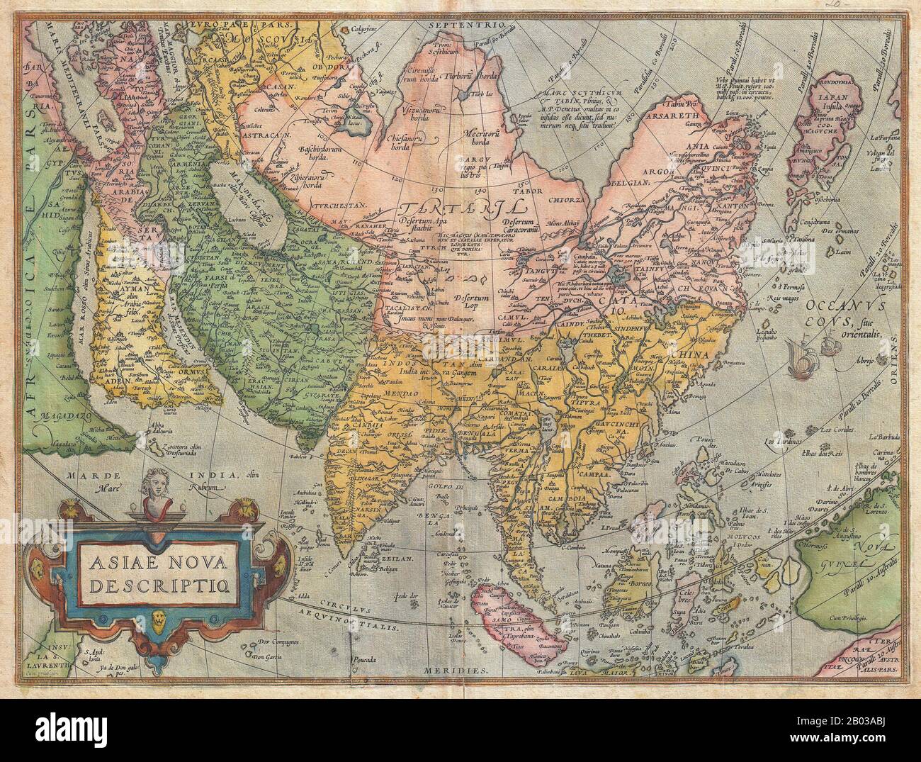 Abraham Ortelius (1527-1598) war ein brabantianischer Kartograf und Geograph, der als Schöpfer des ersten modernen Atlas, des "Theatrum Orbis Terrarum" (Theater der Welt), bekannt ist. Er war eine der bemerkenswertesten Persönlichkeiten in der niederländischen Kartografieschule in ihrem goldenen Zeitalter (ca. 1570er bis 1670er Jahre), seine Veröffentlichung seines Atlas im Jahre 1570 wurde als offizieller Anfang angesehen. Stockfoto