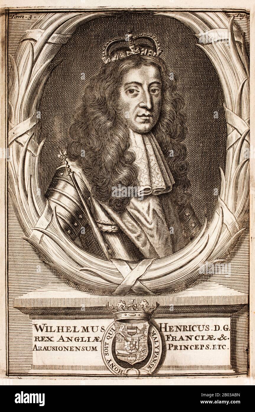 William III. Von England (1650-1702), im Allgemeinen als William of Orange und in Schottland als William II (inoffiziell als "King Billy") bekannt, war ein niederländischer Prinz von Orange. Getauft als William Henry war er Stadtholder von Holland, Zeeland, Gelderland, Overijssel und Utrechter in der niederländischen Republik. Das Fürstbistum Orange erbat er von seinem Vater William II., der eine Woche vor der Geburt seines Sohnes an Pocken starb; seine Mutter Mary war die Tochter von König Karl I. von England. William nahm als Protestant an mehreren Kriegen gegen den katholischen König Ludwig XVI. Von Frankreich Teil und wurde zum Champi Stockfoto