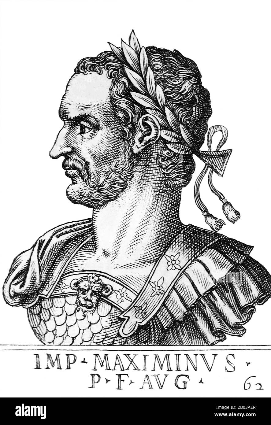 Maximinus II (270-313), auch Maximinus Daia oder Maximinus Daza genannt, war der Neffe des Kaiser Galerius. Er trat in die Armee ein und wurde schließlich von seinem Onkel adoptiert und in den Rang eines Cäsars erhoben. Als sein Onkel 311 starb, teilte Maximinus das Ostreich zwischen sich und Mit-Kaiser Licinius auf. Stockfoto