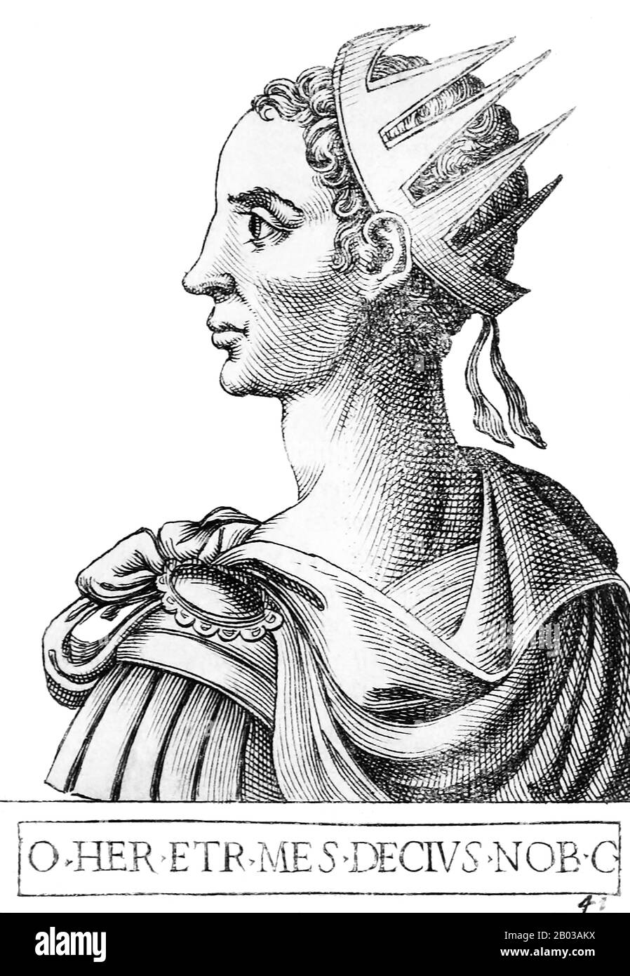 Herennius Etruscus (227-251) war der Sohn von Kaiser Decius Trajan und älterer Bruder des zukünftigen Kaiser Hostilian. Herennius wurde während einer Militärpostings seines Vaters in Pannonien geboren. Er schloss sich der Armee an, um an der Seite seines Vaters zu kämpfen, und folgte seinem Vater in seiner Rebellion gegen Kaiser Philipp. Herennius wurde 249 Thronfolger. Als die gotischen Volksstämme über die Donau-Grenze zu fliegen begannen, erhob ihn Herennius' Vater in den Rang eines Mitkaisators, und gemeinsam schlugen sie einen Feldzug gegen die Goten ein, während Hostilian in Rom blieb. Es war während der verhängnisvollen Schlacht von Stockfoto