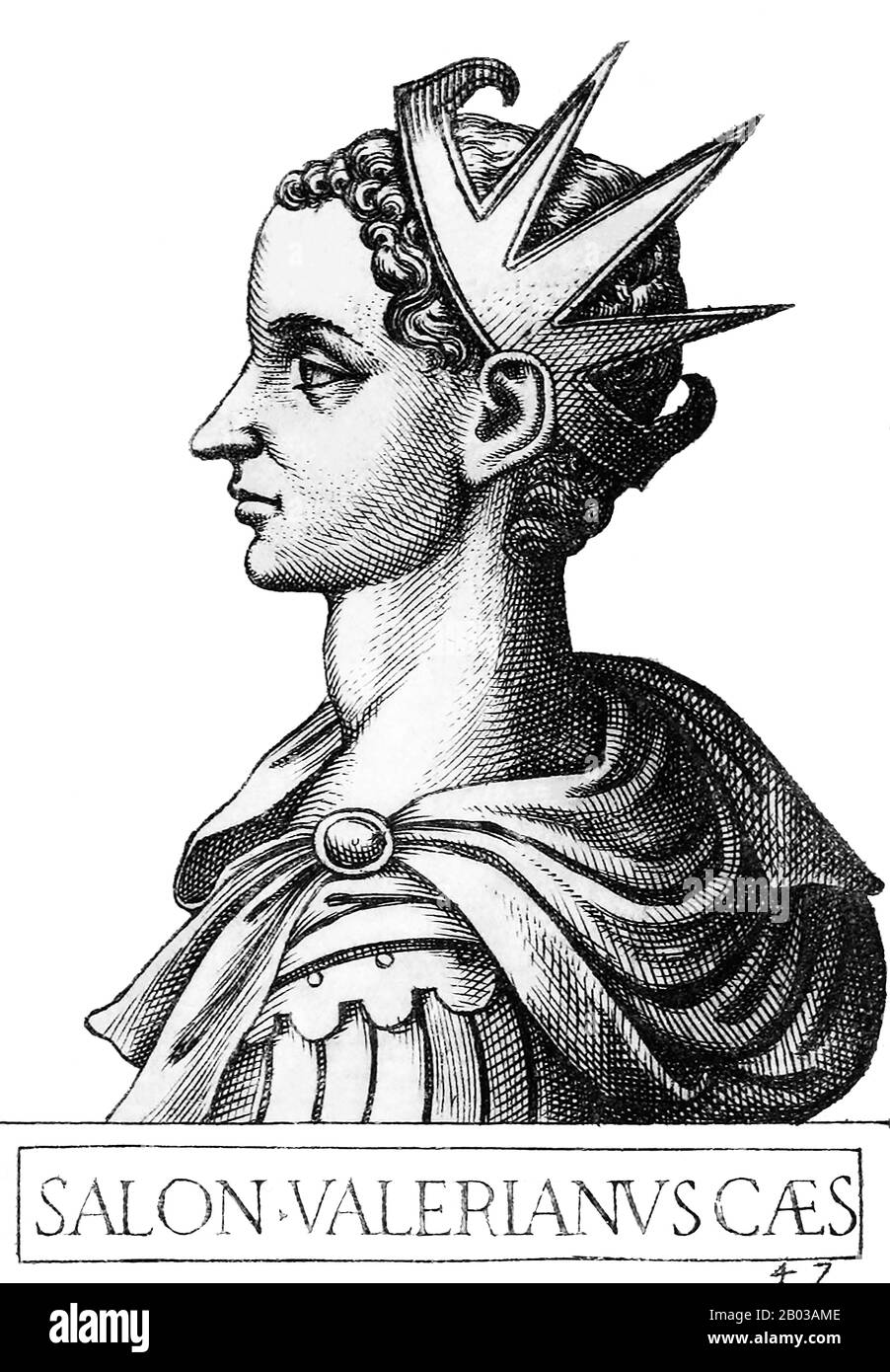 Saloninus (242-260) war der Sohn des Kaiser Gallienus. 258 wurde er zum Cäsar ernannt und nach Gallien geschickt, um die Autorität seines Vaters durchzusetzen, wo er unter den Schutz des Prätorianerpräfekten Silvanus gestellt wurde. Sein Stammsitz in Gaul war Köln. Stockfoto