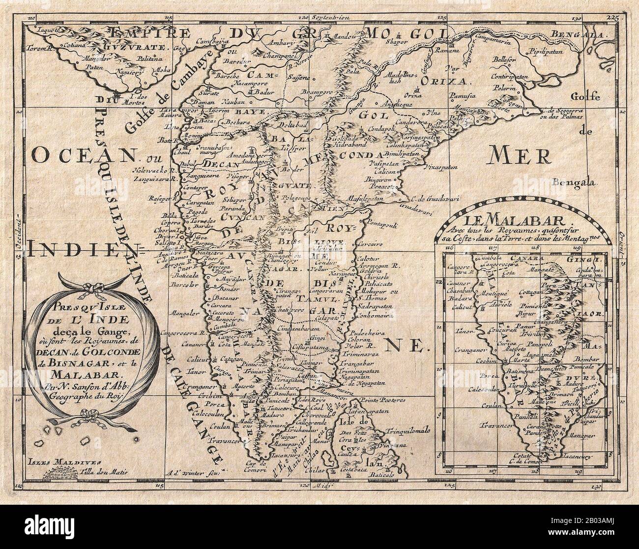 Nicolas Sanson (1600-1667) war ein französischer Kartograf und Geograph, der von einigen als Schöpfer der französischen Geographie und Vater der französischen Kartografie zugeschrieben wurde. Stockfoto