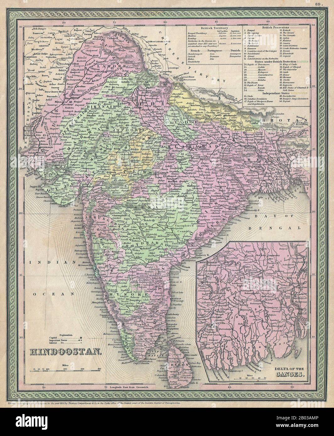 Indien: Amerikanische Karte des indischen Subkontinents, mit fürstlichen Staaten und britischen Besitzungen farbcodiert, sowie einem unteren rechten Einsatz, der das Ganges-Flussdelta beschreibt. Lithographie von Samuel Augustus Mitchell (1790-1868), 1850. Samuel Augustus Mitchell (1790-1868) war ein amerikanischer Geograph, der in Connecticut geboren wurde. Stockfoto