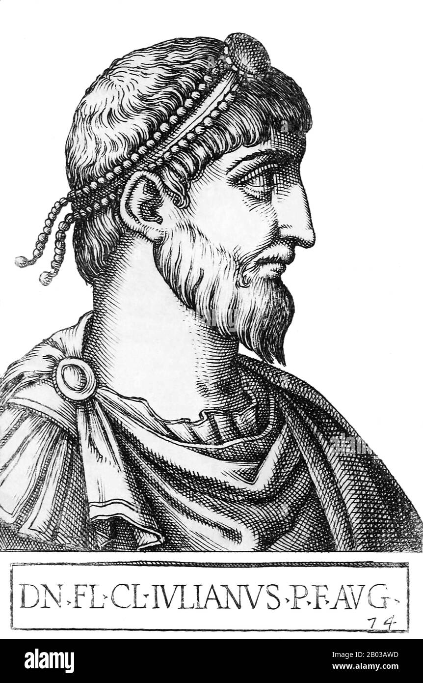 Julian (331-363), auch Julian der Apostate genannt, war Mitglied der konstantinischen Dynastie und Vetter von Kaiser Constantius II Kaiser Constantius II. Machte ihn 355 zum Kaiser der westlichen Provinzen, während er mit dem Kampf gegen das Sassanidenreich im Osten beschäftigt war und Julian gegen die Alamannen und Franken anvertraute. Julian wurde 360 von seinen Soldaten zum Kaiser ausgerufen, und Constantius II. Starb 361, als er marschierte, um sich ihm zu stellen. Constantius behauptete Julian jedoch als seinen rechtmäßigen Nachfolger auf seinem Sterbebett. Stockfoto