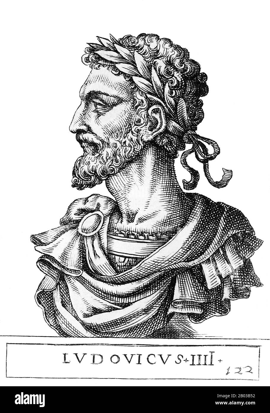 Louis III (880-928), auch Louis der Blinde genannt, war der Sohn von Boso, Usurper König der Provence, und Ermengard, Tochter von Kaiser Louis II., was ihn durch seine Mutter zu einem Karolinger machte. Im Alter von sieben Jahren gelang ihm 887 der Thron seines Vaters. Sie zogen an den Hof von Kaiser Karl dem Fett, wo Louis als sein Sohn adoptiert wurde. 890 wurde Louis zum König von Arles, der Provence und Cisjurane Burgunds ausgerufen. Stockfoto