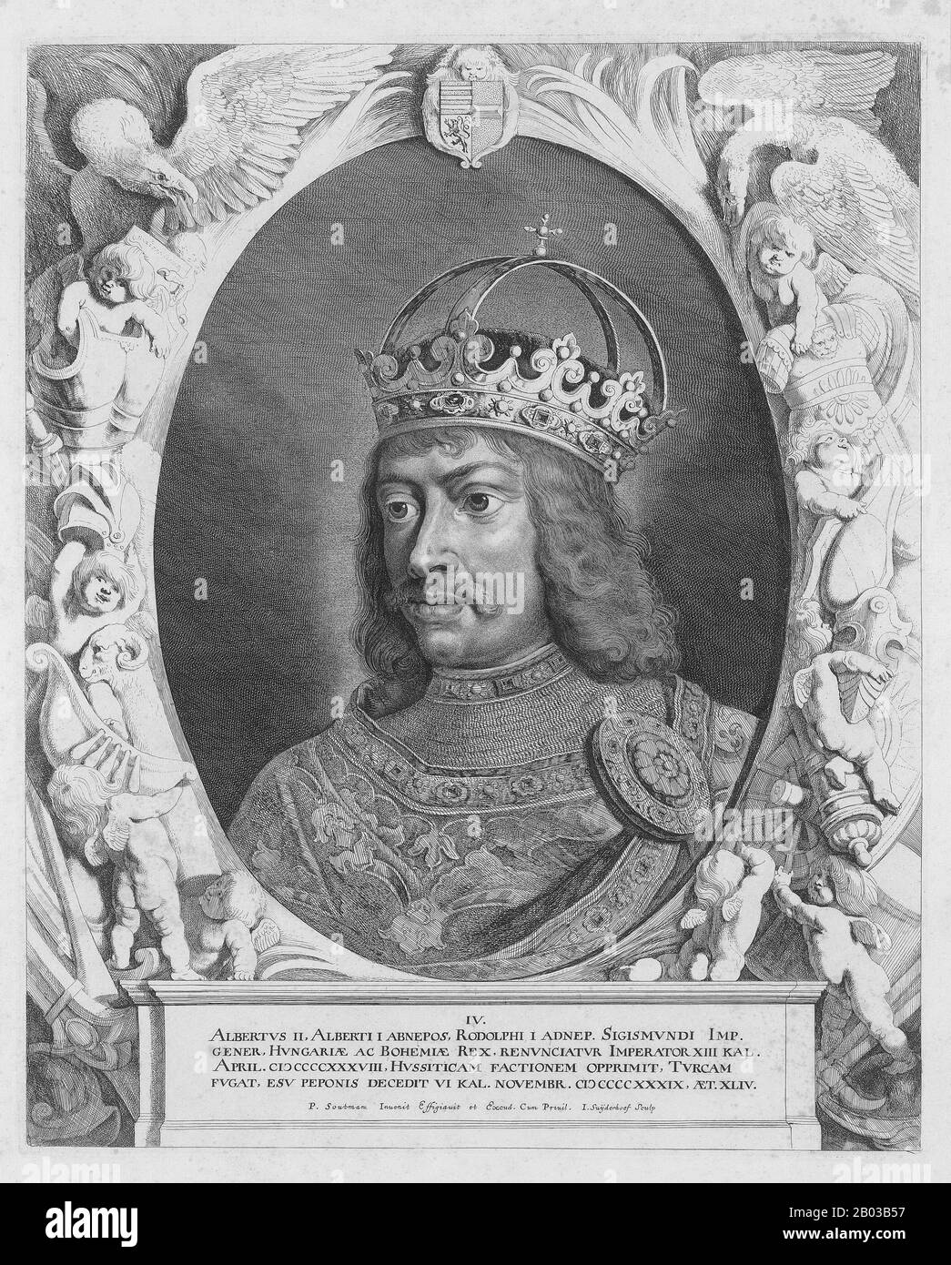 Albert II (1397-1439), auch Albert von Deutschland und Albert der Großmütige genannt, war der Sohn von Albert IV., Herzog von Österreich, der 1404 im Alter von sieben Jahren die Nachfolge seines Vaters antrat, obwohl er erst 1411 zum ordentlichen Gouverneur von Österreich wurde. Albert heiratete 1422 Elisabeth von Luxemburg, Erbin von Kaiser Sigmund. Die Krone Deutschlands erhielt er 1438. Stockfoto