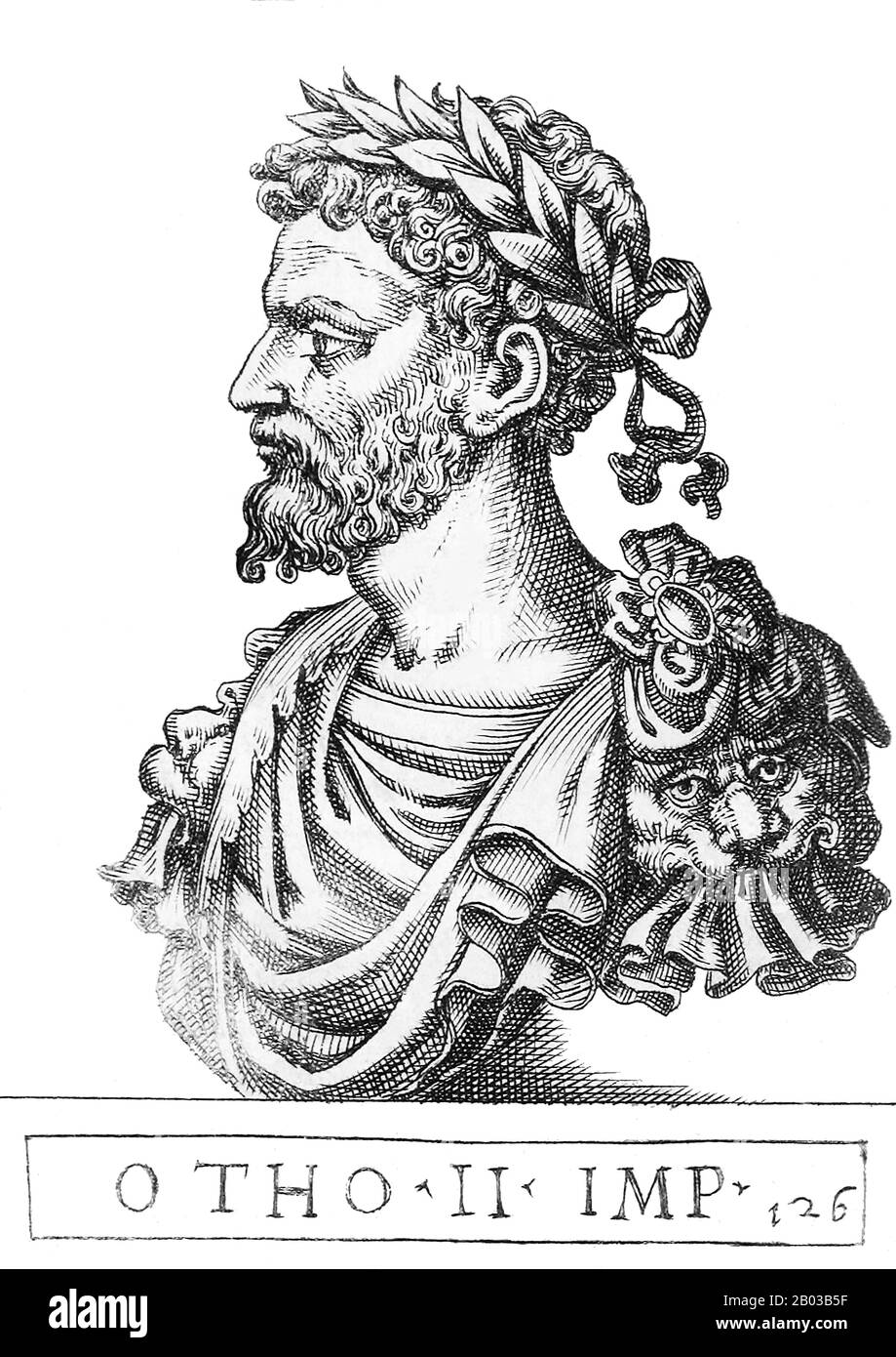 Otto II (955-983), auch bekannt als Otto der Rote, war der jüngste und einzige überlebende Sohn von Kaiser Otto dem Großen. Er wurde 961 zum Mitherrscher Deutschlands und 967 später zum Mitkaiser ernannt. Sein Vater hatte sich darauf eingestellt, die byzantinische Prinzessin Theophanu zu heiraten, um bessere Beziehungen zum Kaisertum in byzantinischer Zeit zu pflegen. Nachdem sein Vater 973 gestorben war, wurde Otto in friedlicher Folge Heiliger römischer Kaiser. Stockfoto