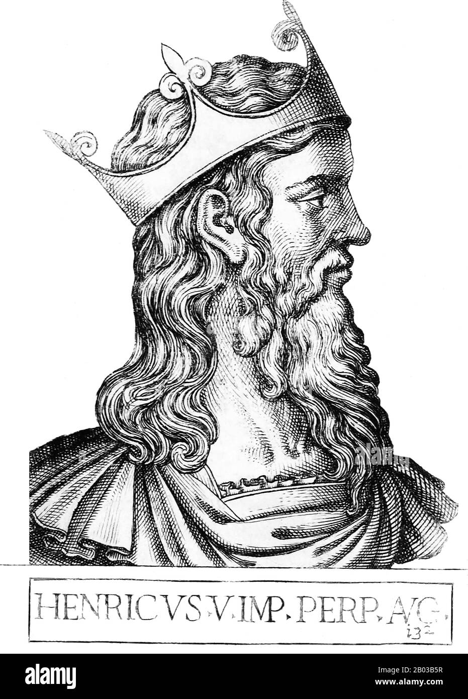 Heinrich V. (1081/1086-1125) war der Sohn von Kaiser Heinrich IV. Und wurde 1099 als Nachfolger seines älteren Bruders Conrad, der gegen ihren Vater rebelliert hatte, zum König von Deutschland und zu dessen wahrhaftem Nachfolger gekrönt. Henry legte während der Herrschaft seines Vaters einen Eid der Nichteinmischung in kaiserliche Angelegenheiten ab, aber er wurde von den Feinden seines Vaters 1104 zur Revolte überredet, was seinen Vater dazu zwang, 1105 abzudanken und Henry zum Alleinherrscher des Heiligen römischen Imperiums zu machen. Stockfoto